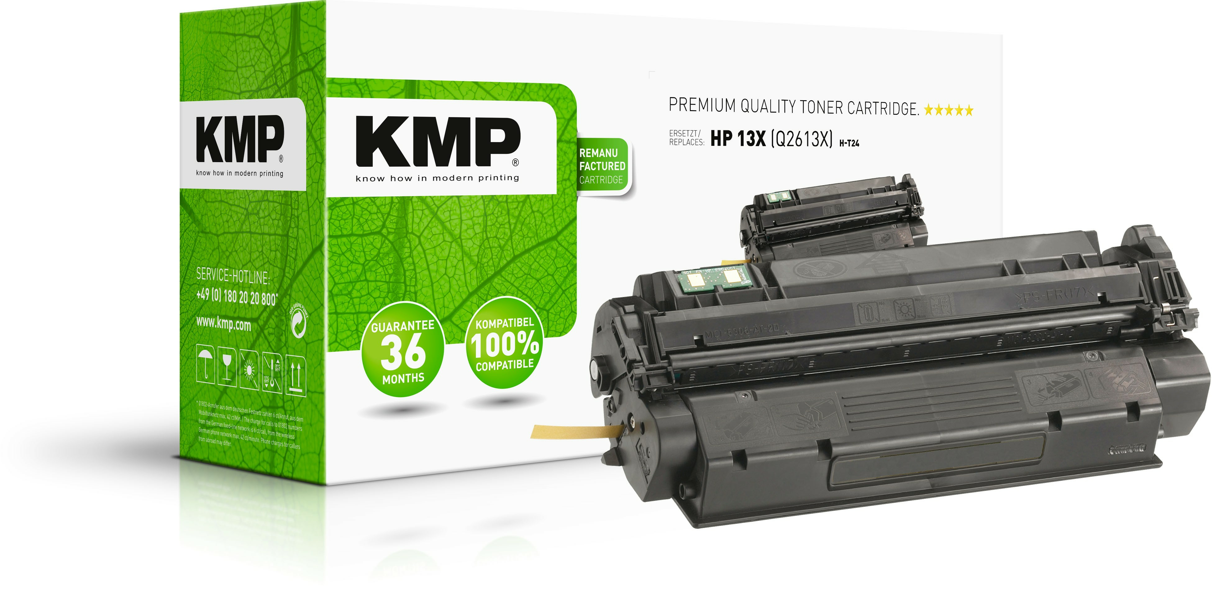 Cartuccia toner KMP nera e scatola, verde e bianco. Cartuccia in primo piano, scatola sullo sfondo.