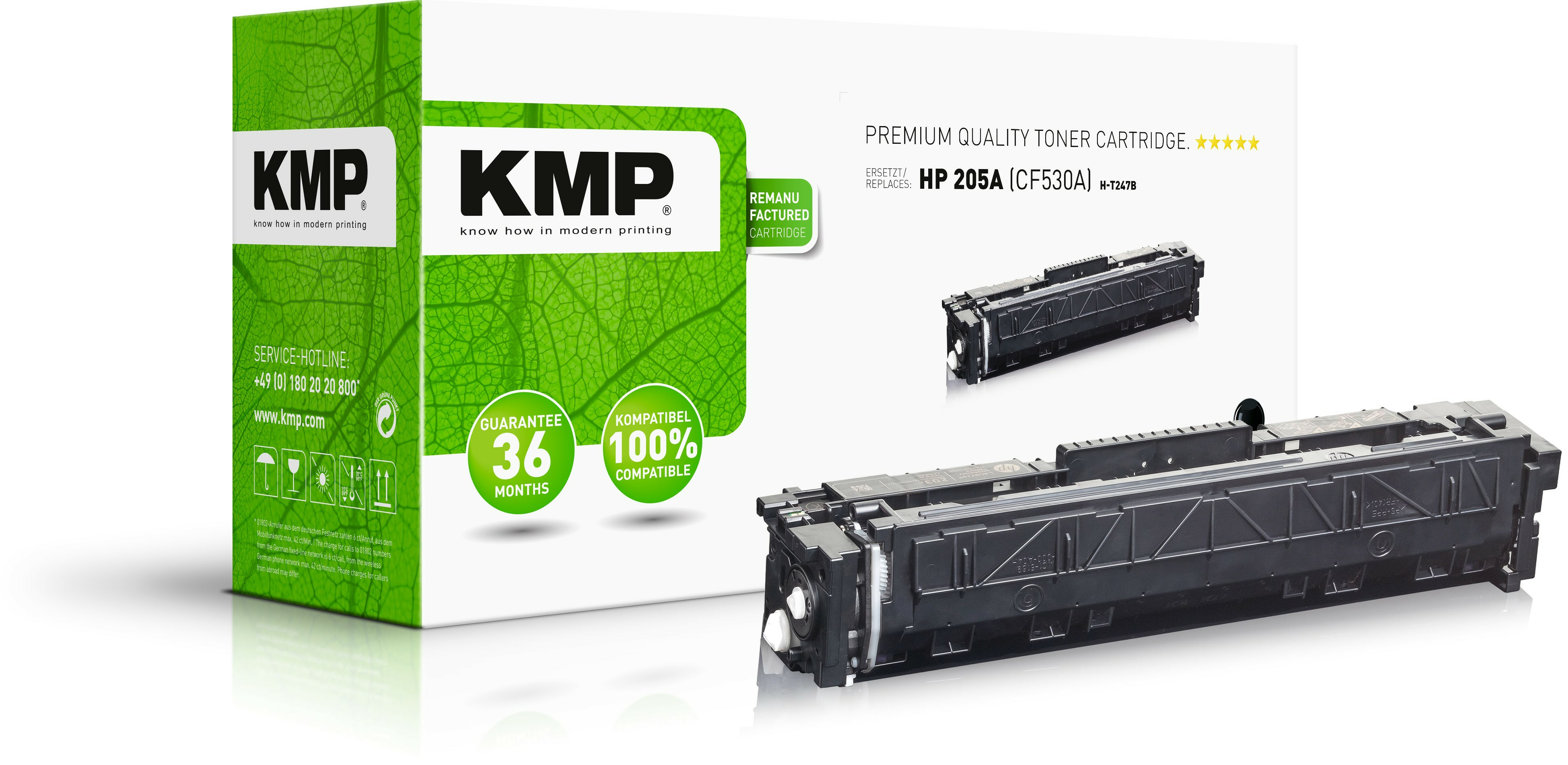 Viene mostrata una scatola di cartucce toner nere, verde con foglie. Il marchio è KMP.