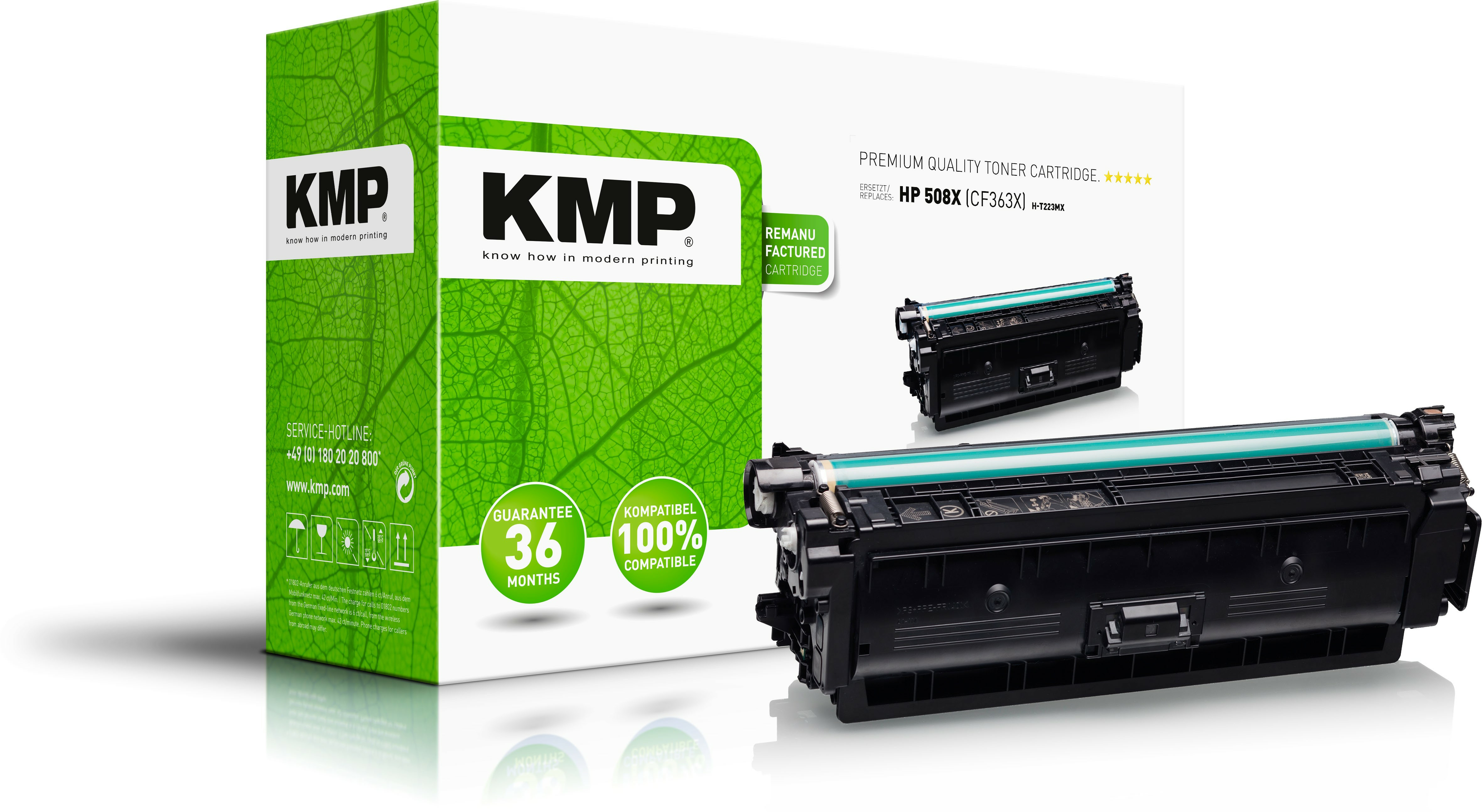Una scatola di cartucce toner e una cartuccia. La scatola è verde, la cartuccia è nera e verde.
