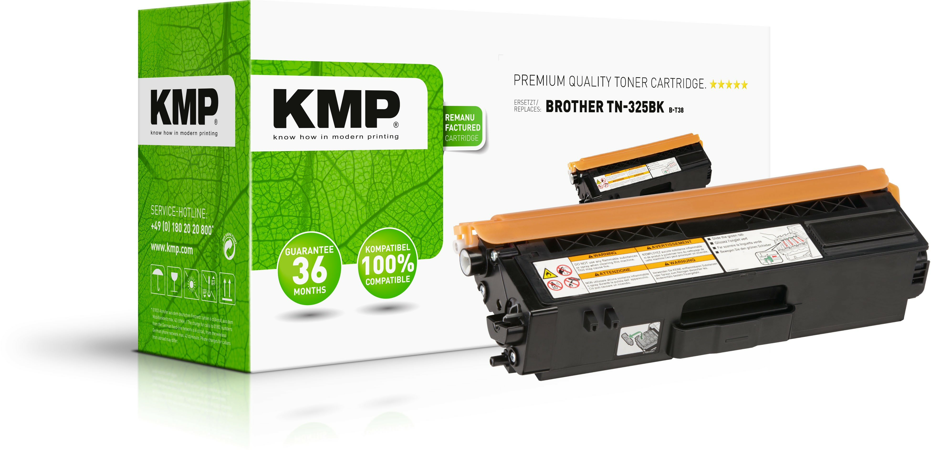Set di cartucce toner KMP. Scatola verde e bianca, cartuccia toner nera e arancione.