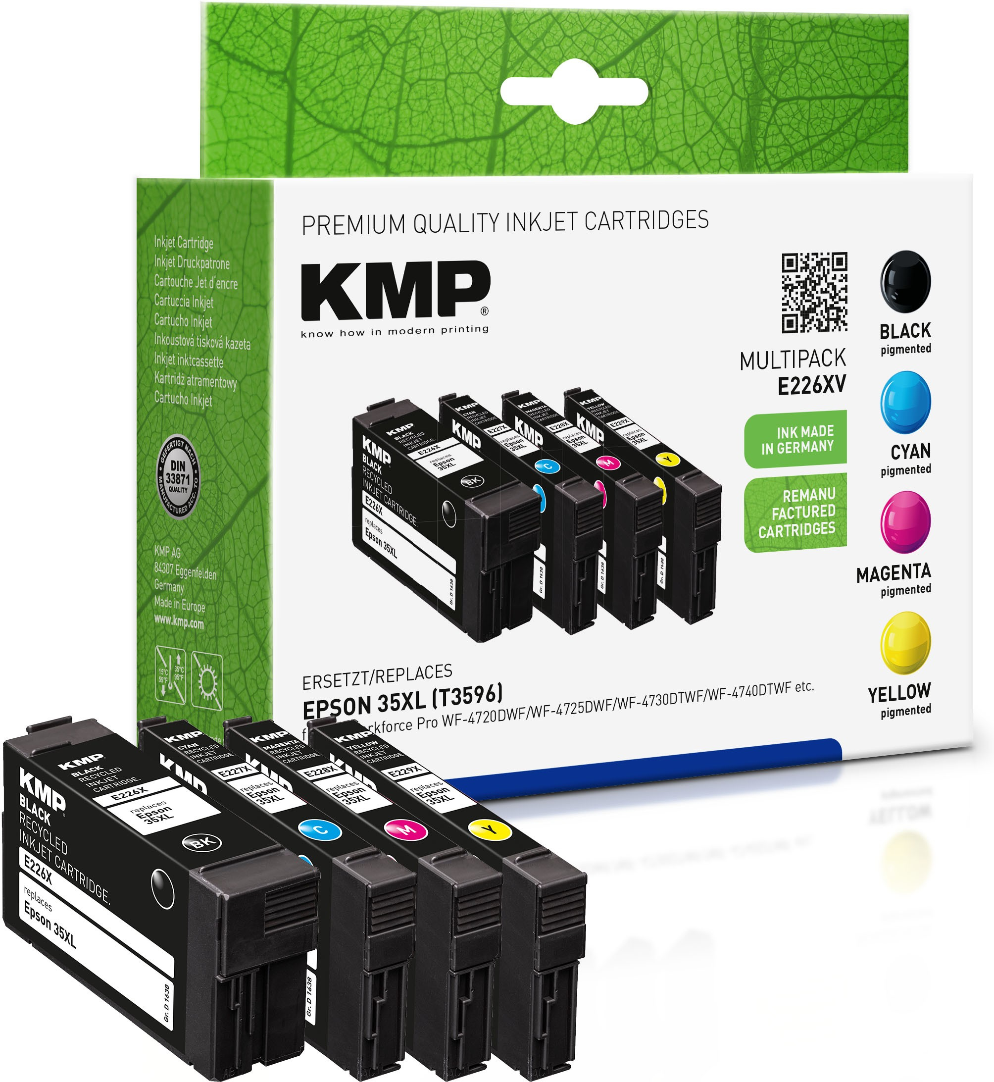 Juego de cartuchos de inyección de tinta de KMP. Contiene cartuchos negro, cian, magenta y amarillo. Caja y cartuchos visibles.