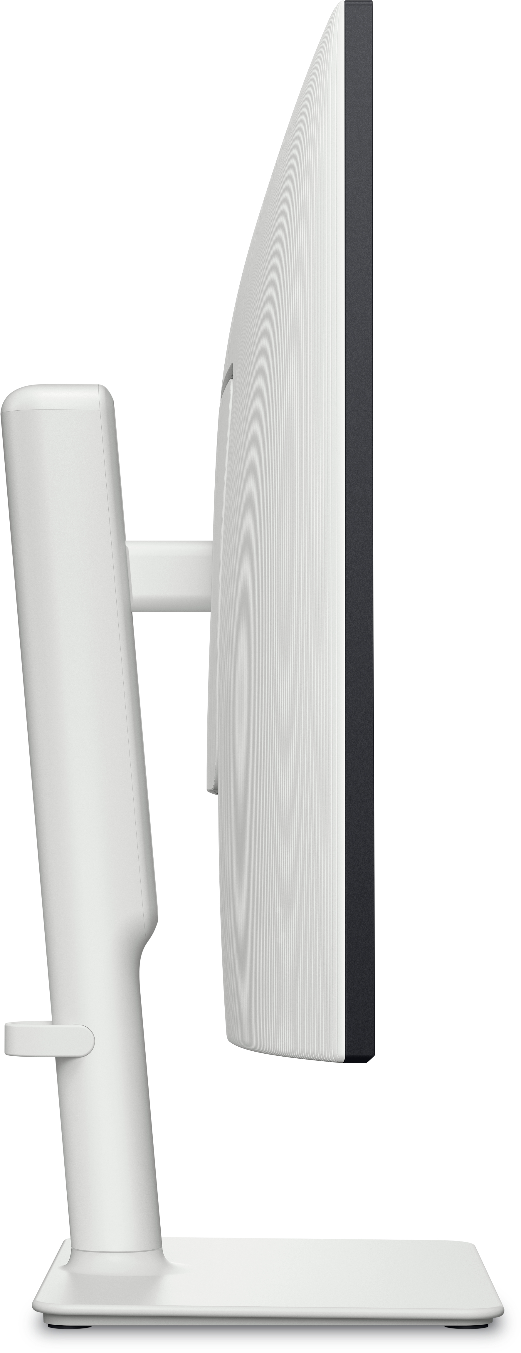 Biały monitor komputerowy na białym stojaku, widok z boku. Ekran jest czarny.