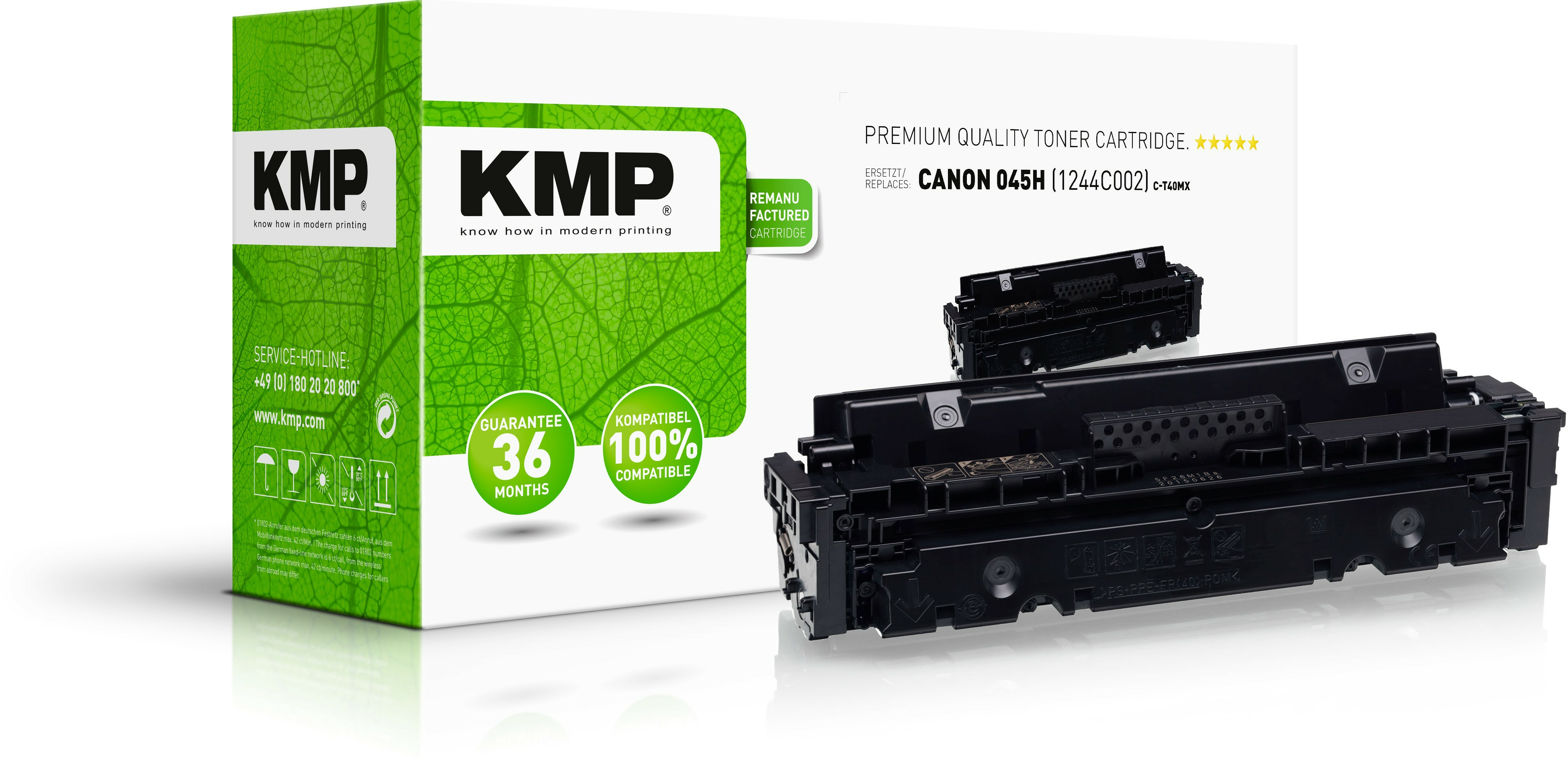 Due cartucce toner KMP nere e verdi, con una scatola KMP verde e bianca.
