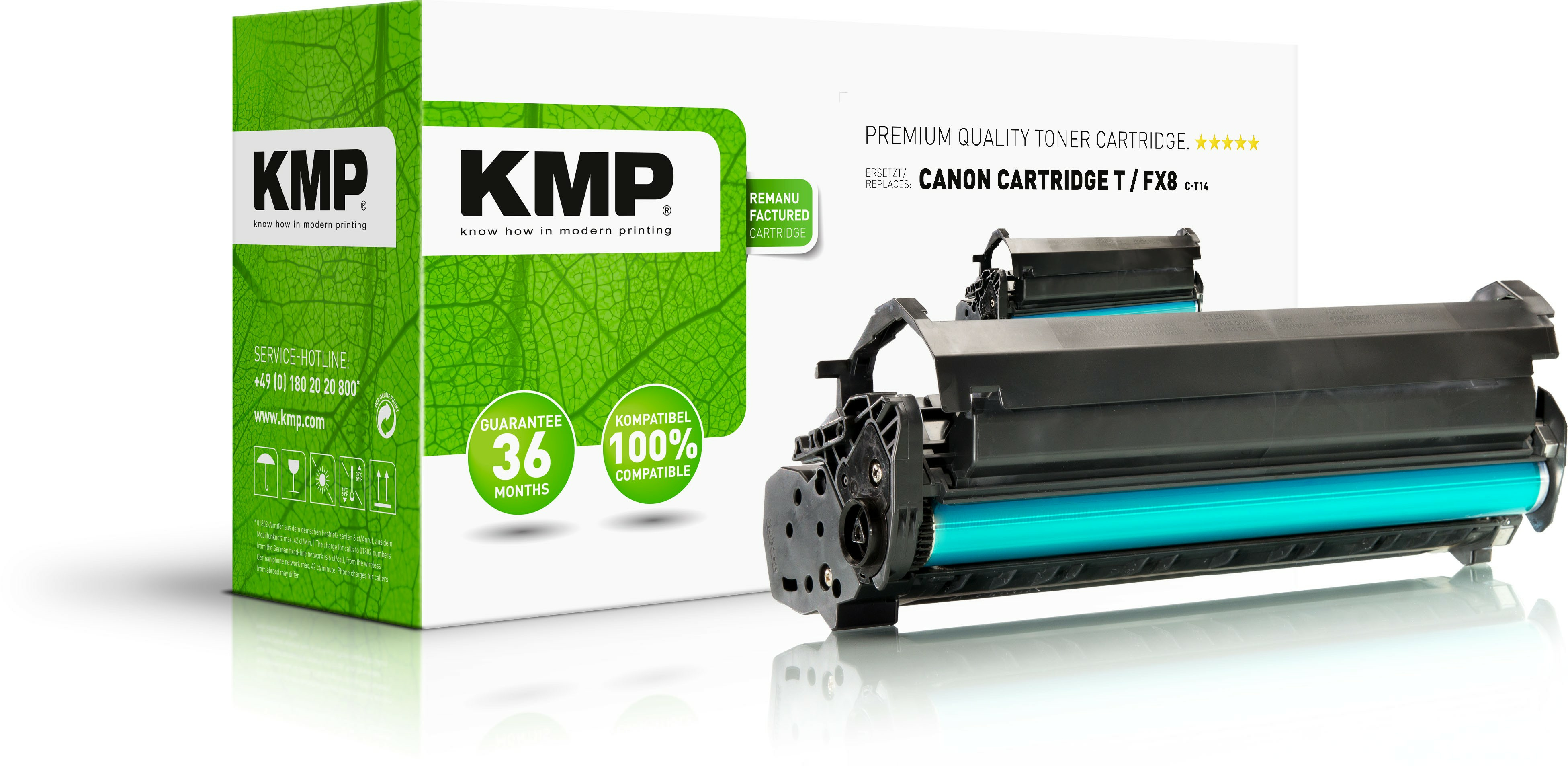 Una scatola di cartucce toner KMP con una cartuccia toner e un design a foglie verdi sulla scatola.