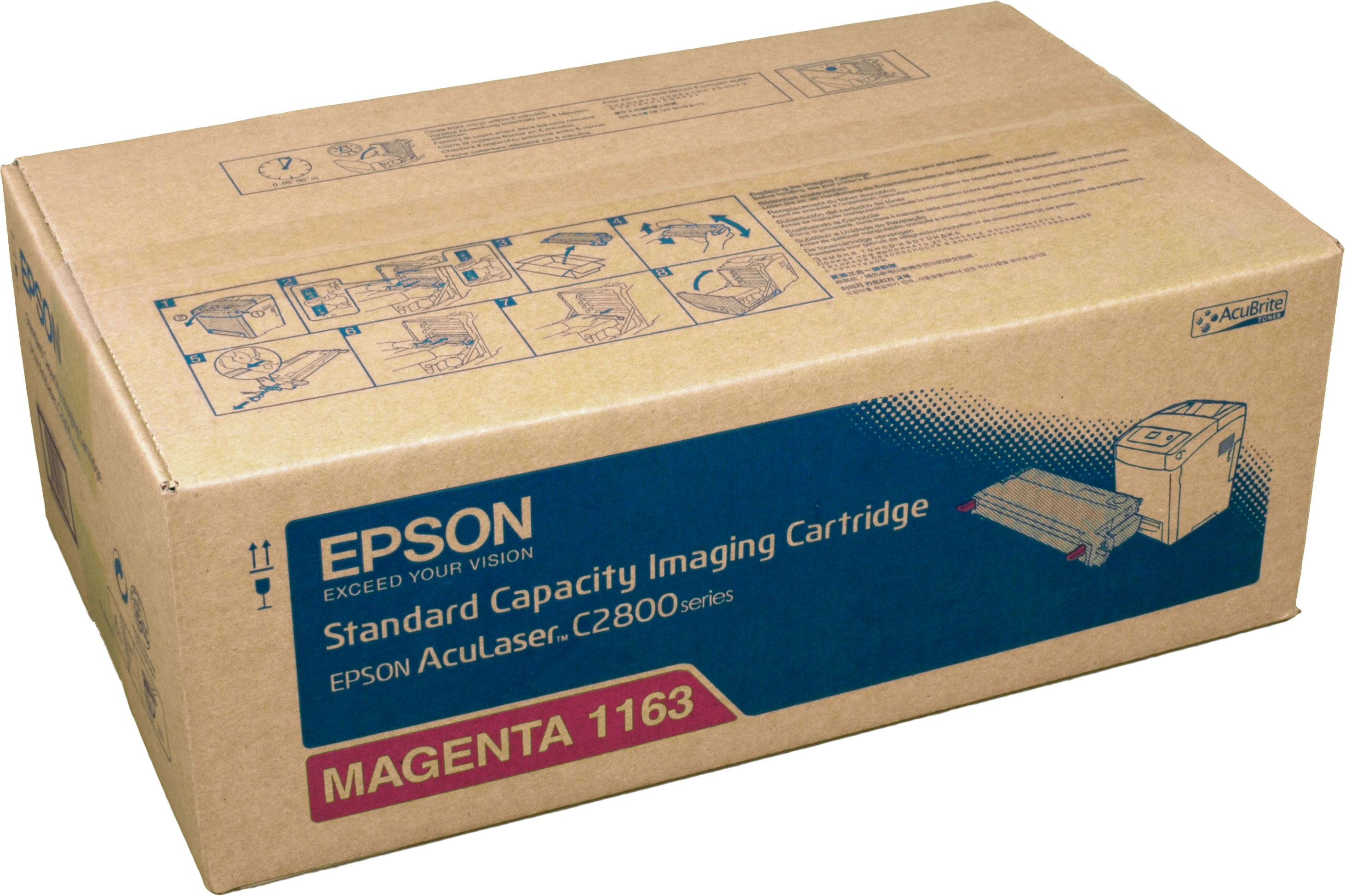 Scatola della cartuccia toner magenta Epson, con testo e grafica.