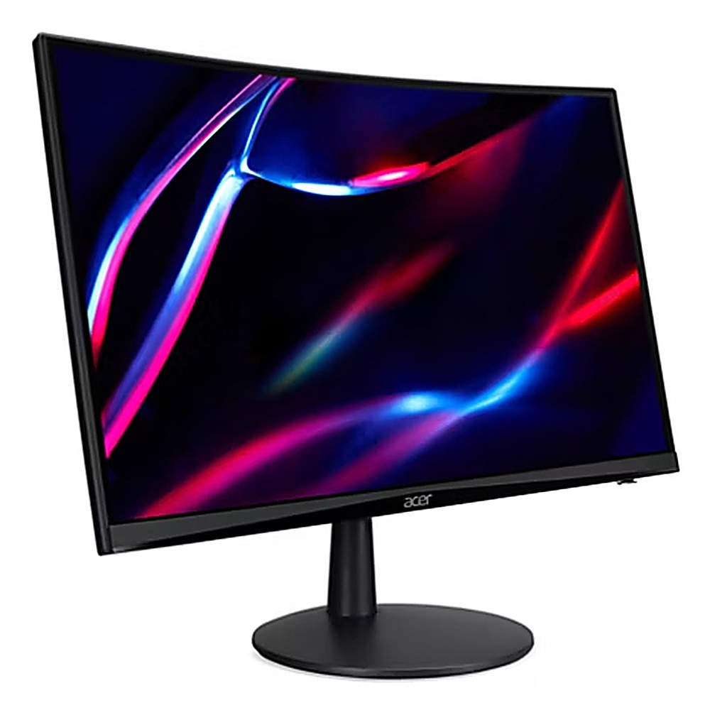 Zakrzywiony czarny monitor Acer z czarną podstawą. Ekran wyświetla abstrakcyjne niebieskie i czerwone kształty na czarnym tle.