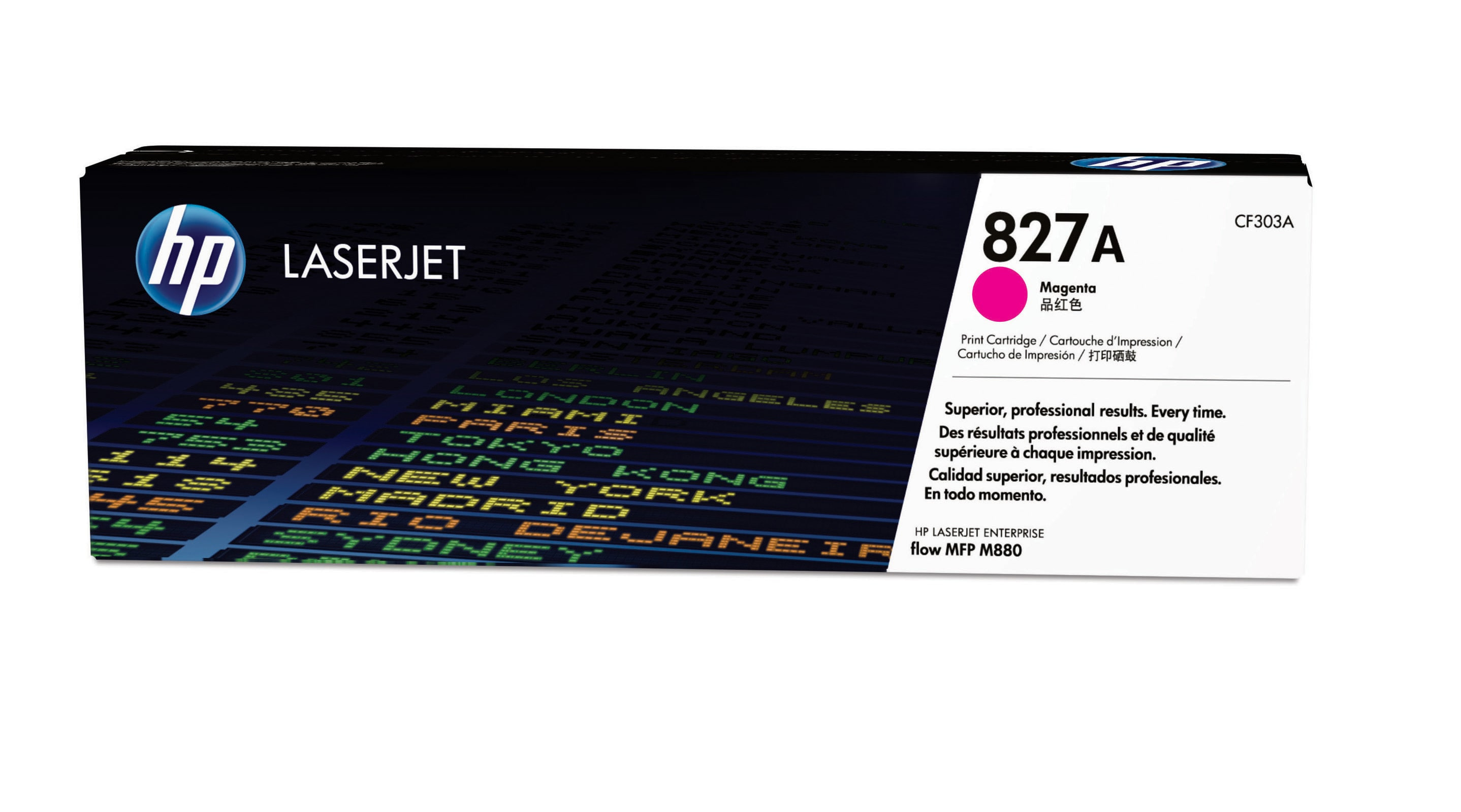Una cartuccia toner HP LaserJet 827A color magenta, con testo.