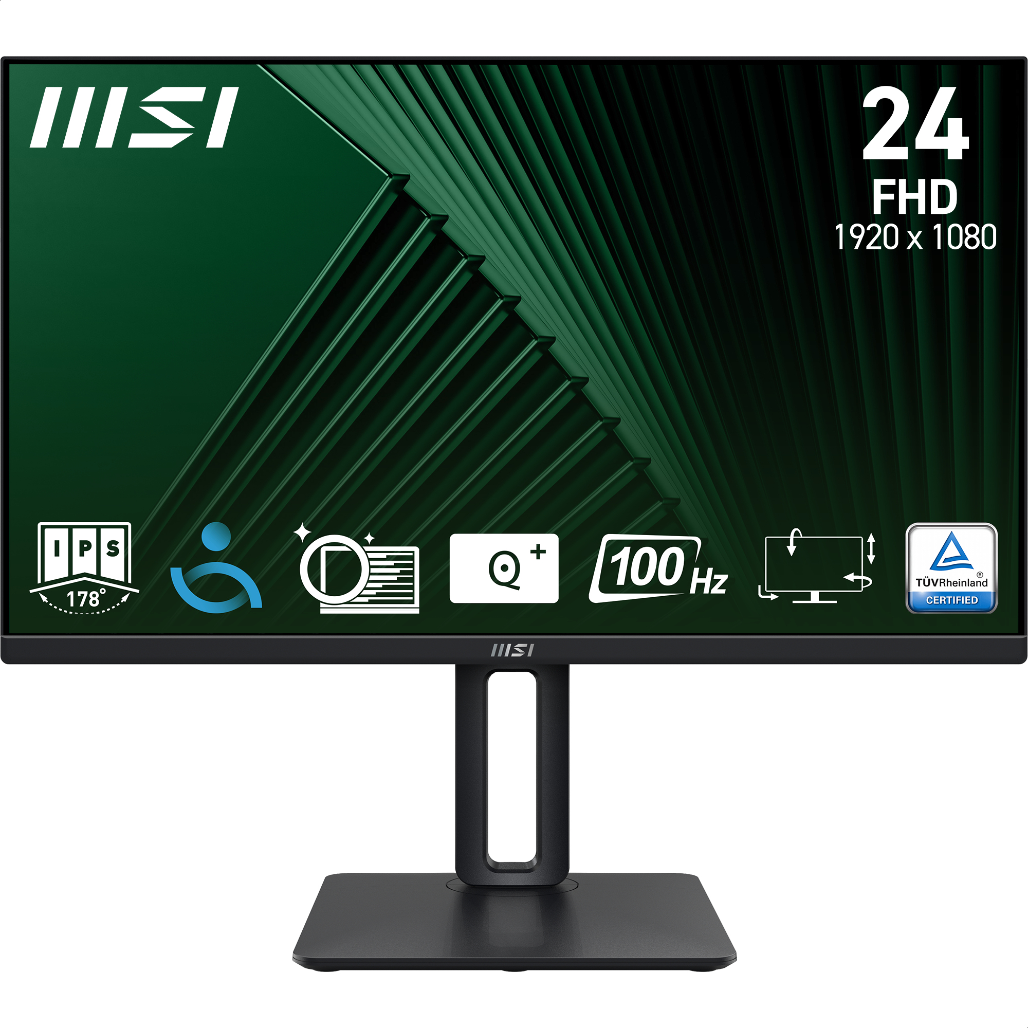 Monitor MSI FHD 24 cale z zielonym tłem, wyświetlający specyfikacje i certyfikaty.