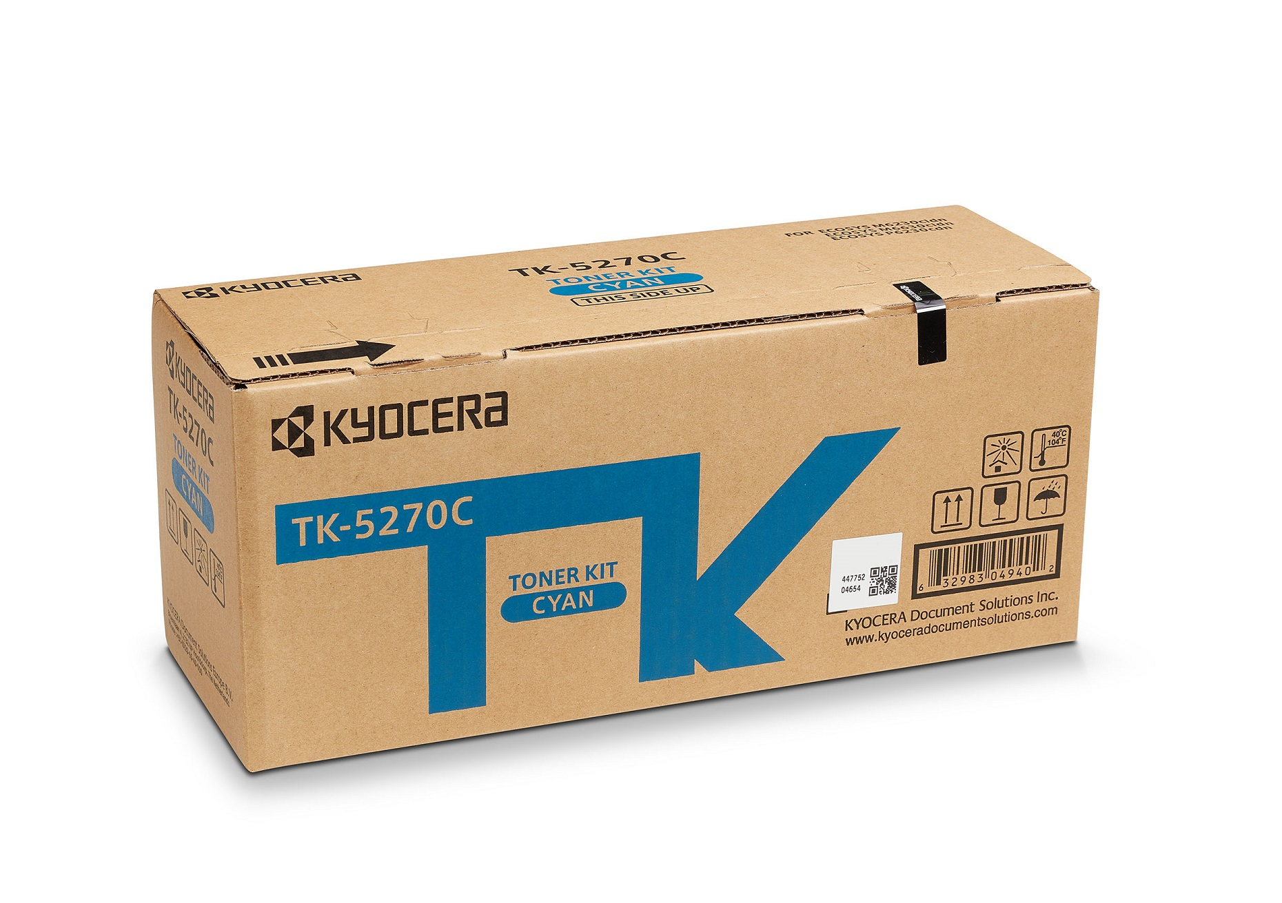 Una scatola del kit toner KYOCERA. La scatola è marrone con elementi color ciano.