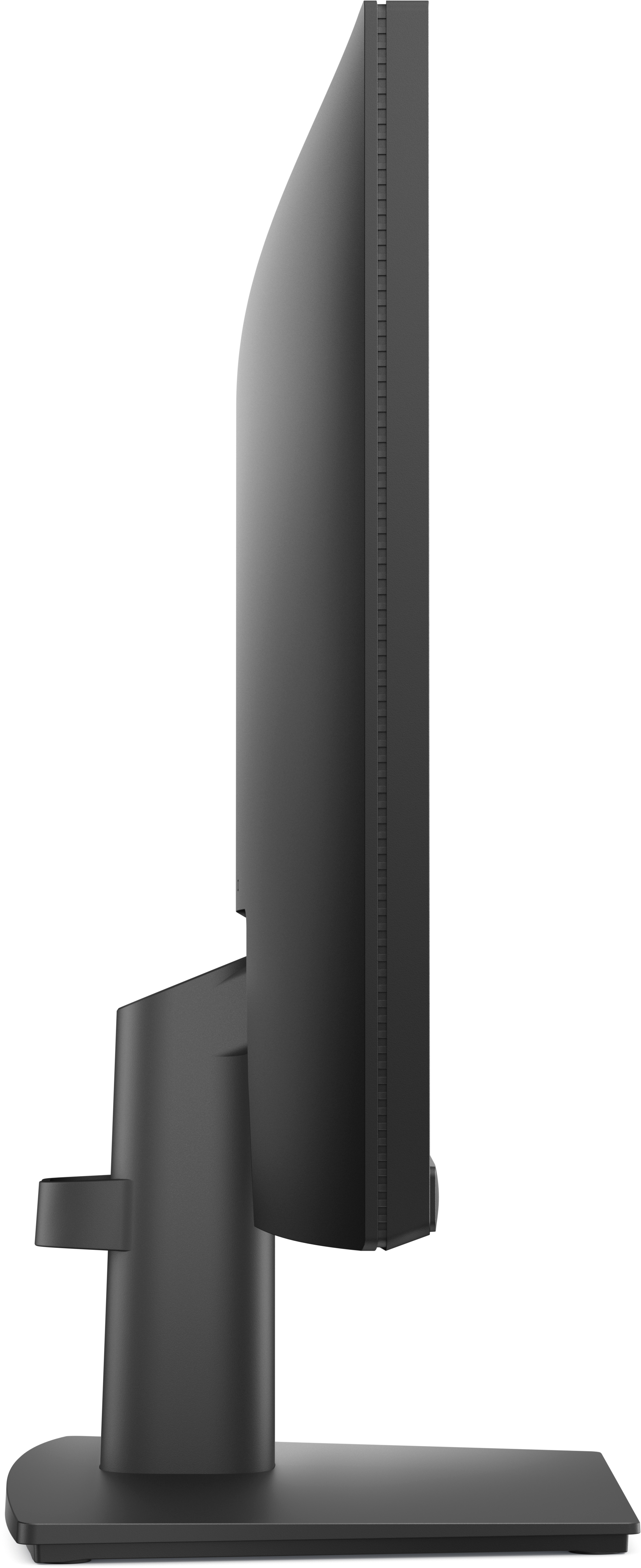 Czarny monitor z boku, pokazujący elegancki, smukły design z czarnym stojakiem i podstawą.