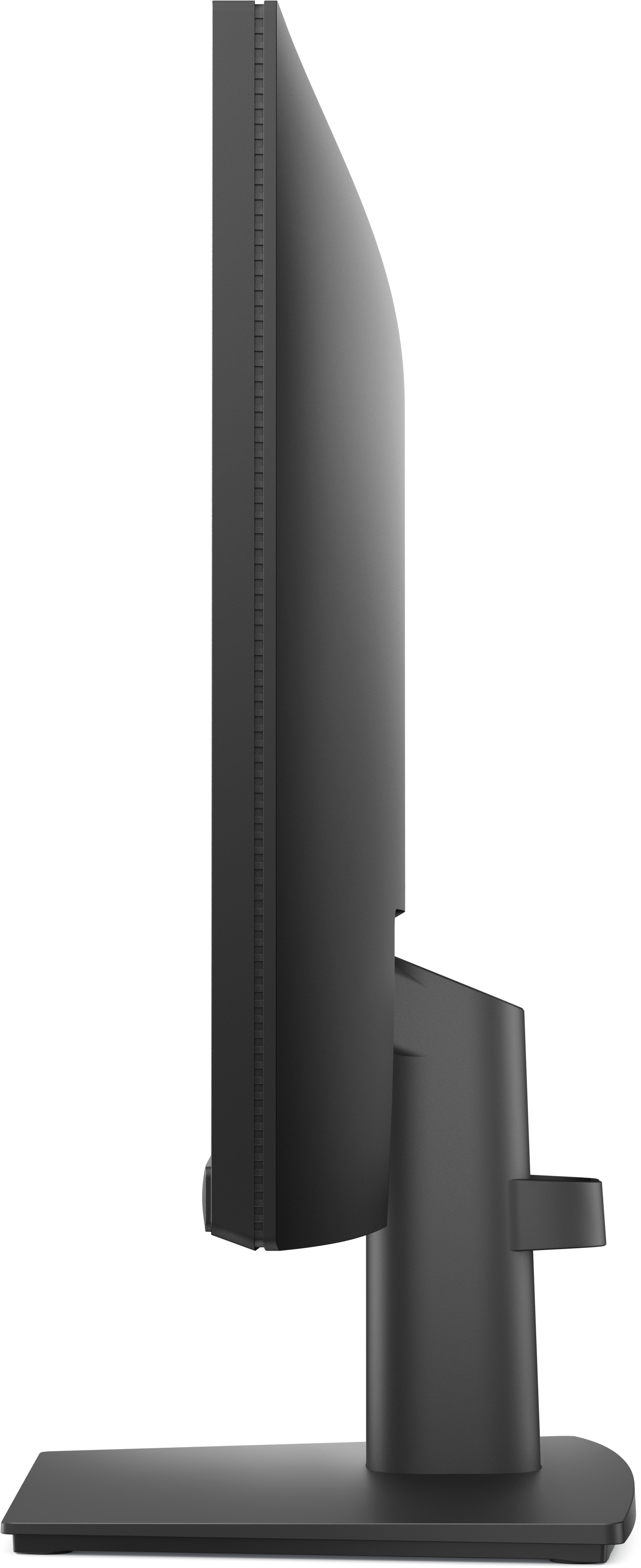 Czarny monitor z boku, pokazujący elegancki, smukły design z czarnym stojakiem i podstawą.