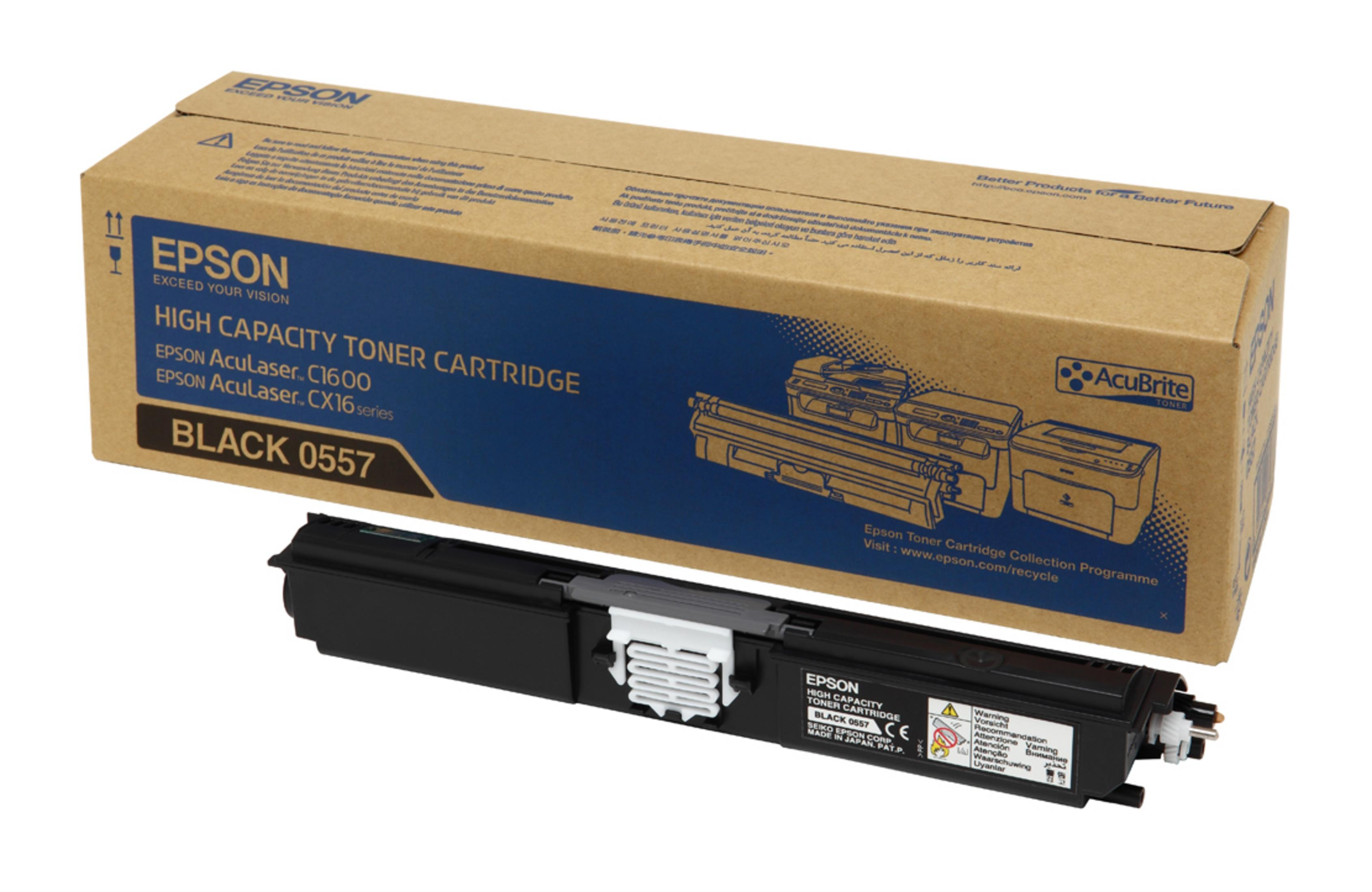 Cartuccia toner ad alta capacità Epson in una scatola. Cartuccia e scatola nere.