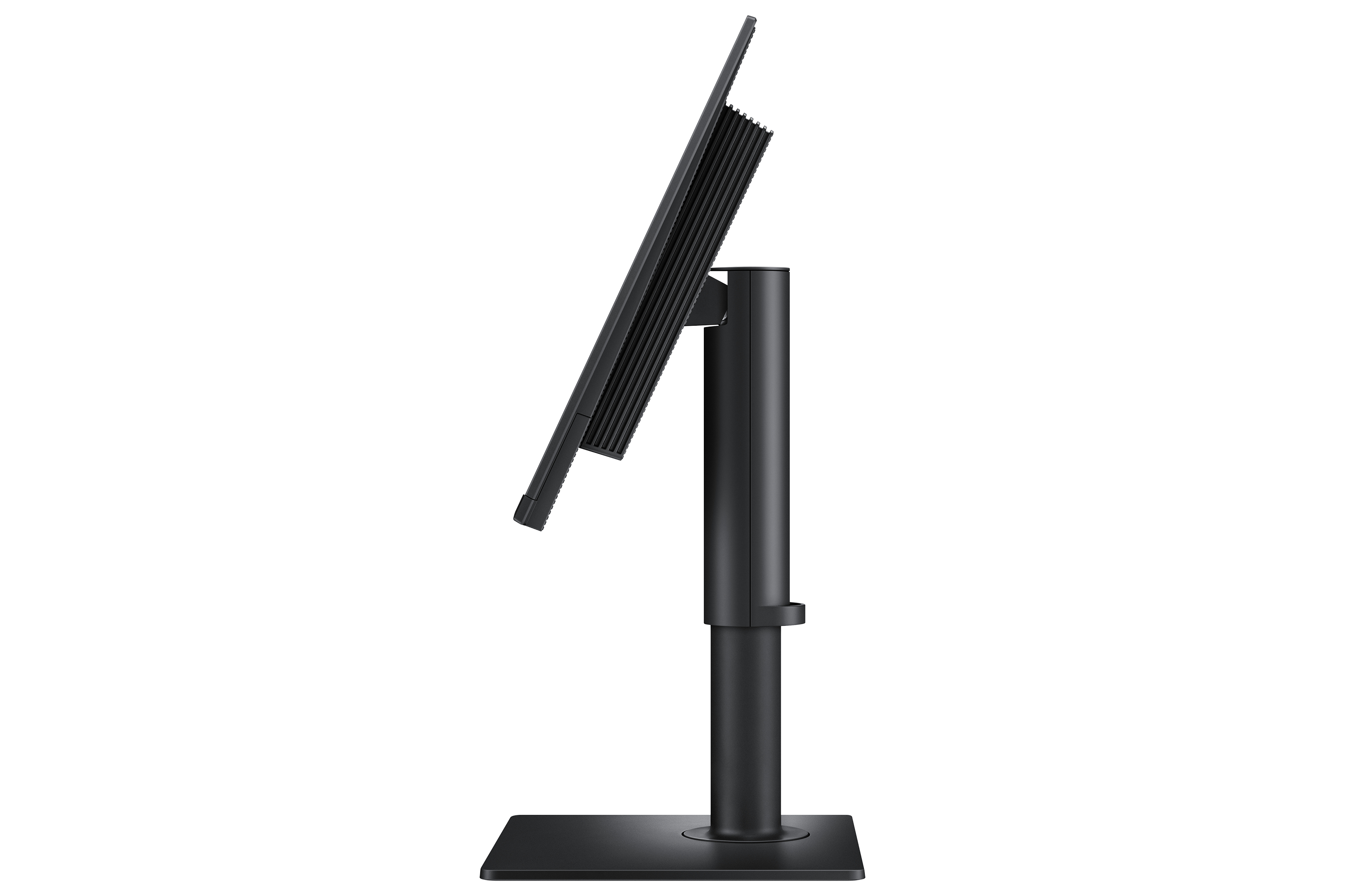 Widok z boku monitora, czarny, na czarnej podstawie, pokazujący kąt ekranu.