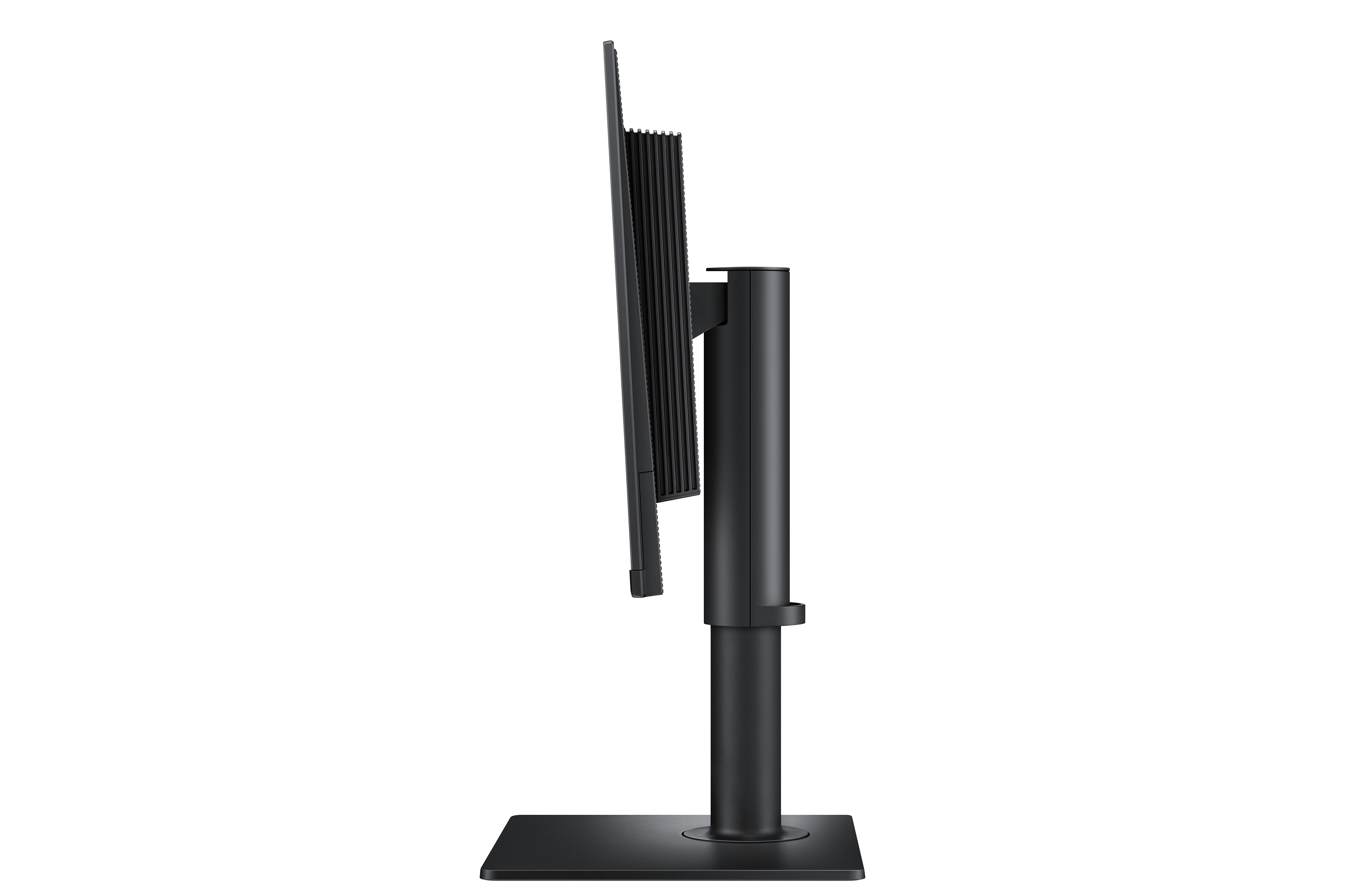 Czarny monitor komputerowy na czarnym stojaku, widok z boku.
