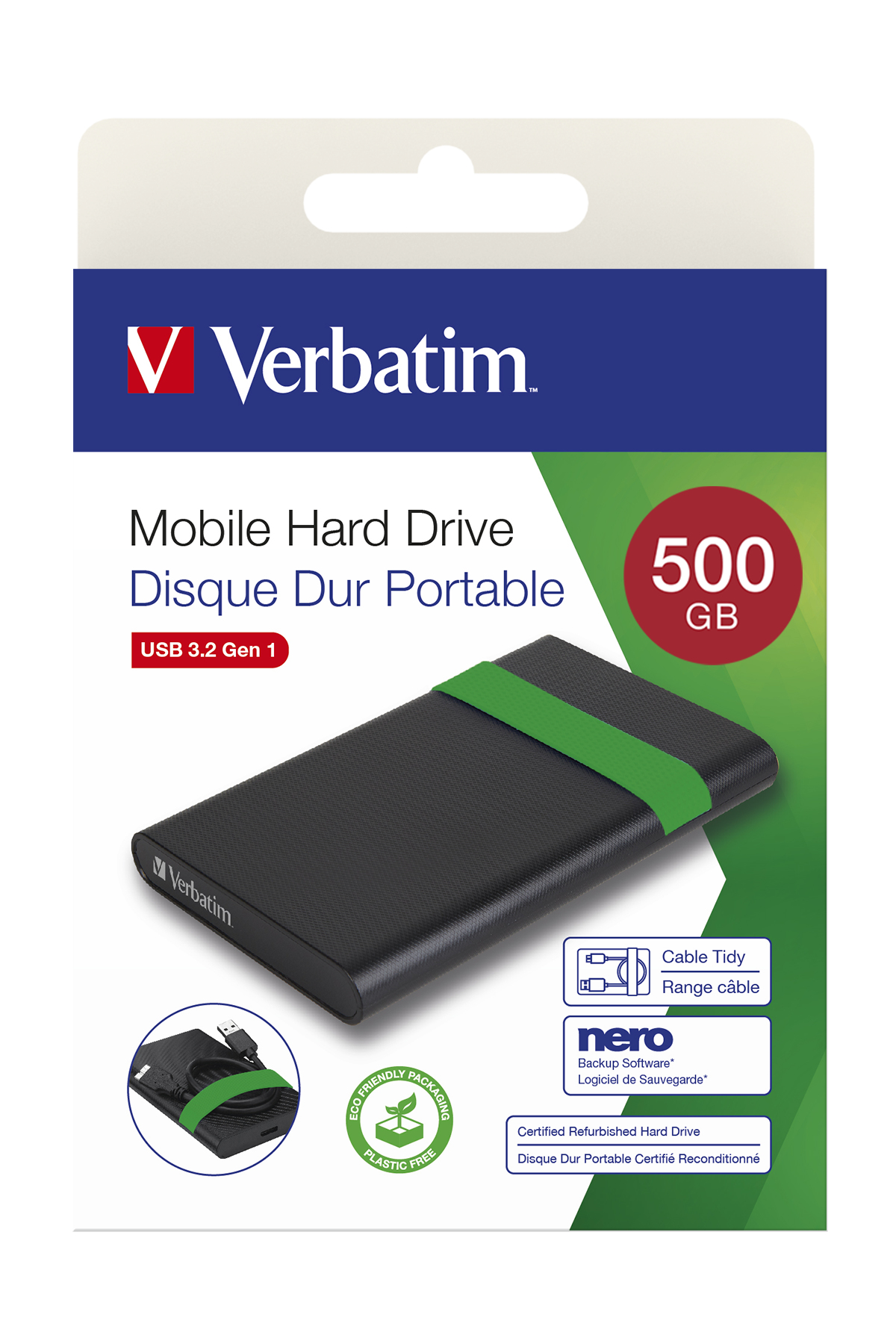 Un disco duro externo Verbatim negro y verde.