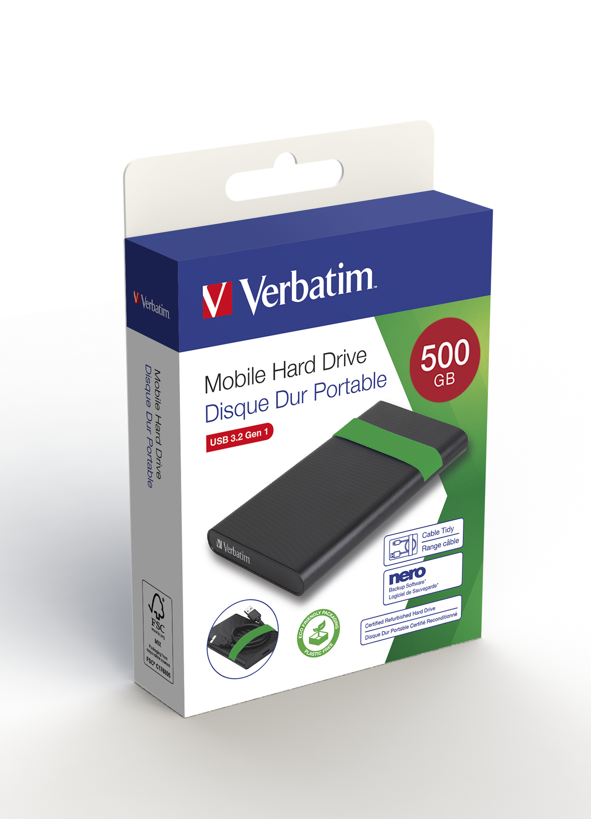 Caja de disco duro externo Verbatim, negro y verde, con capacidad de 500 GB.