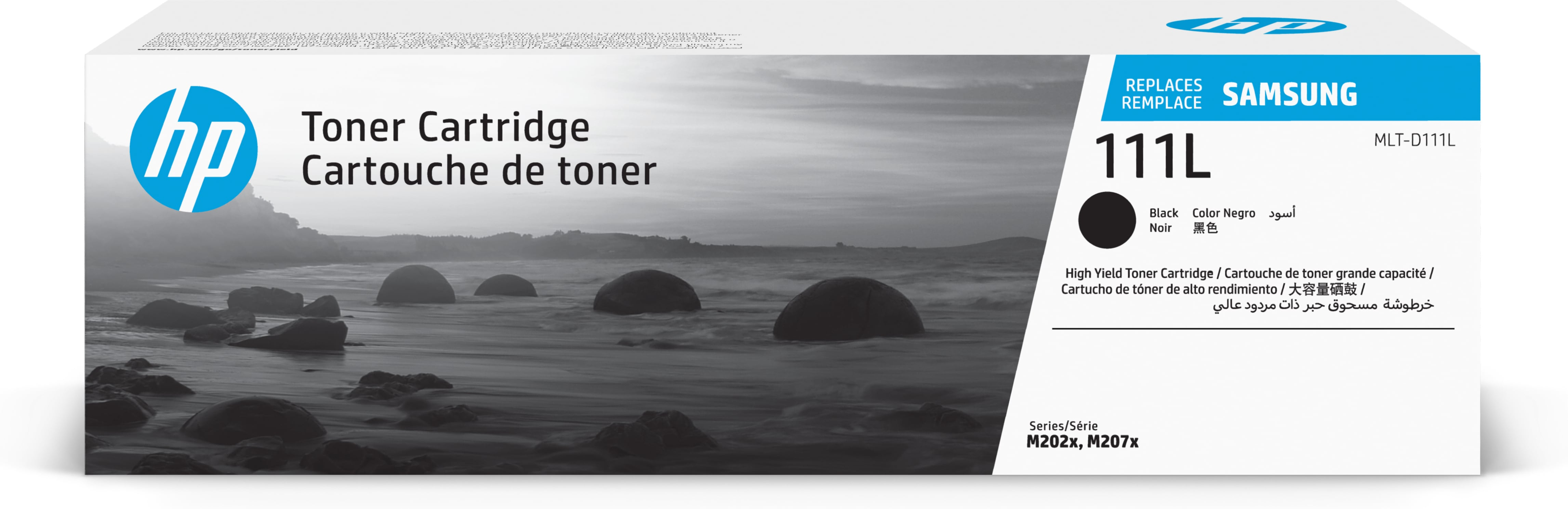 Scatola cartuccia toner HP, sfondo paesaggio.
