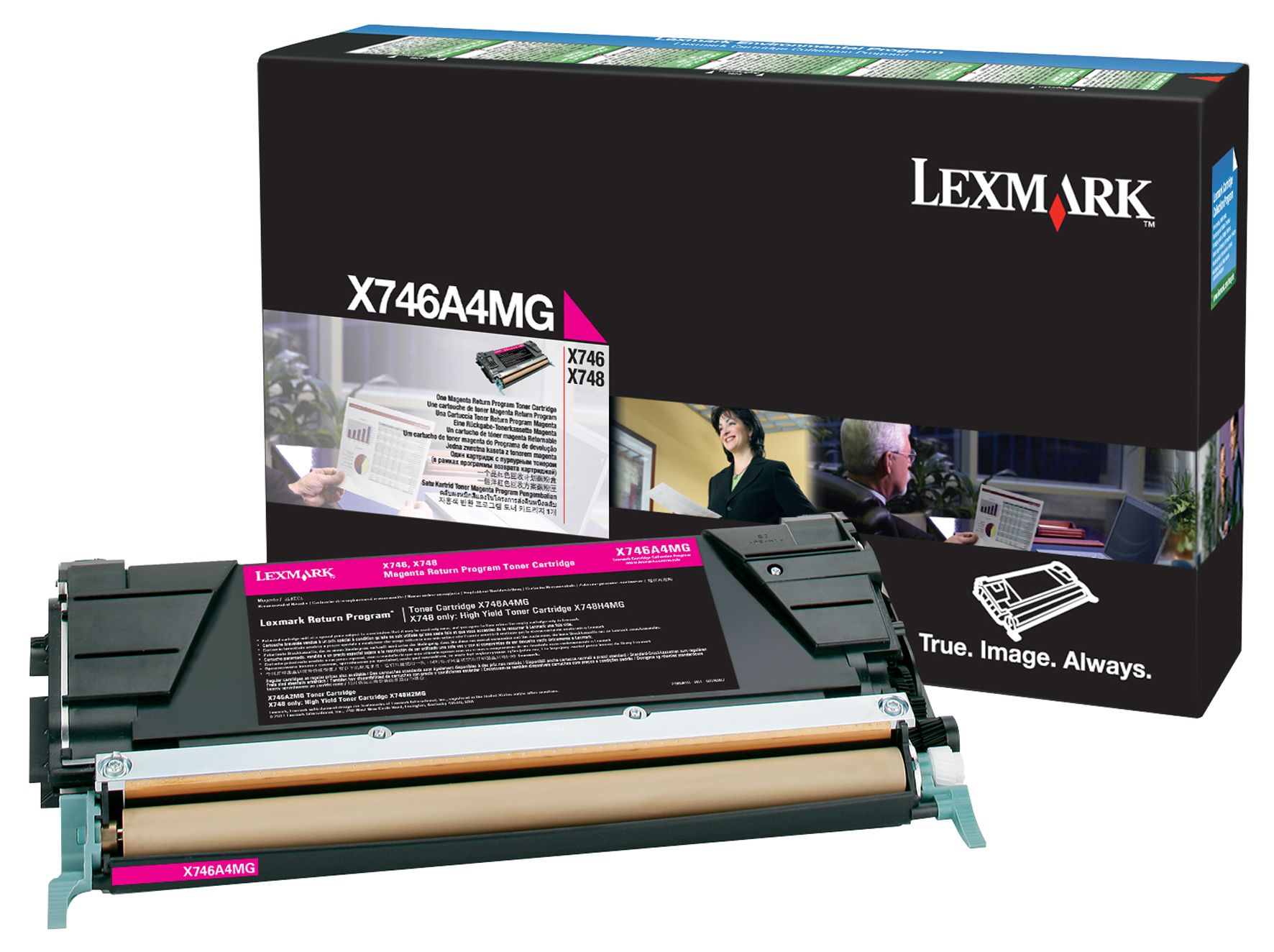 Cartuccia toner magenta Lexmark X746A4MG con scatola. Il logo Lexmark e altre informazioni sono visibili.