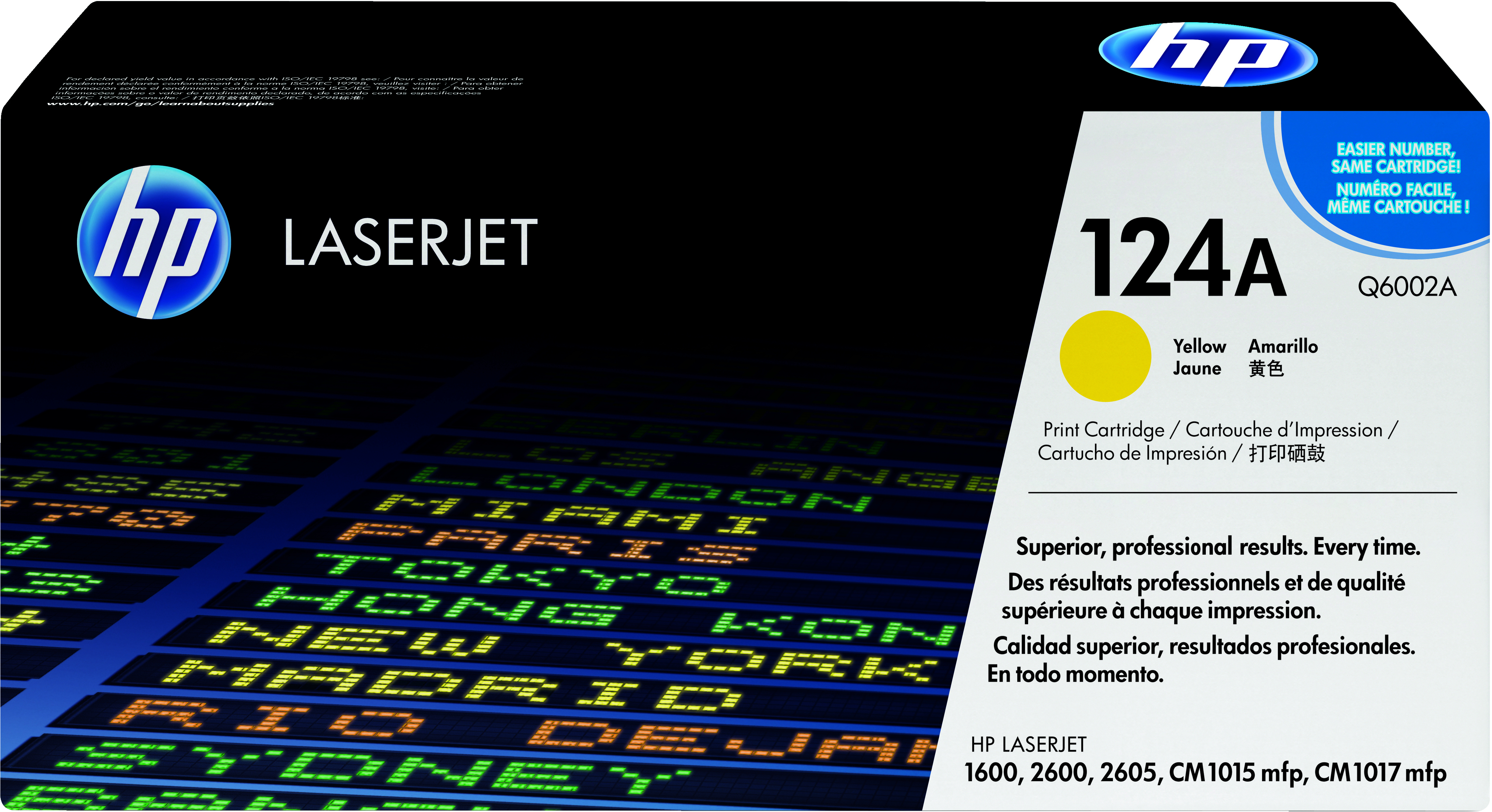 Scatola HP Laserjet: sfondo nero, testo bianco, toner giallo e mappa del mondo.