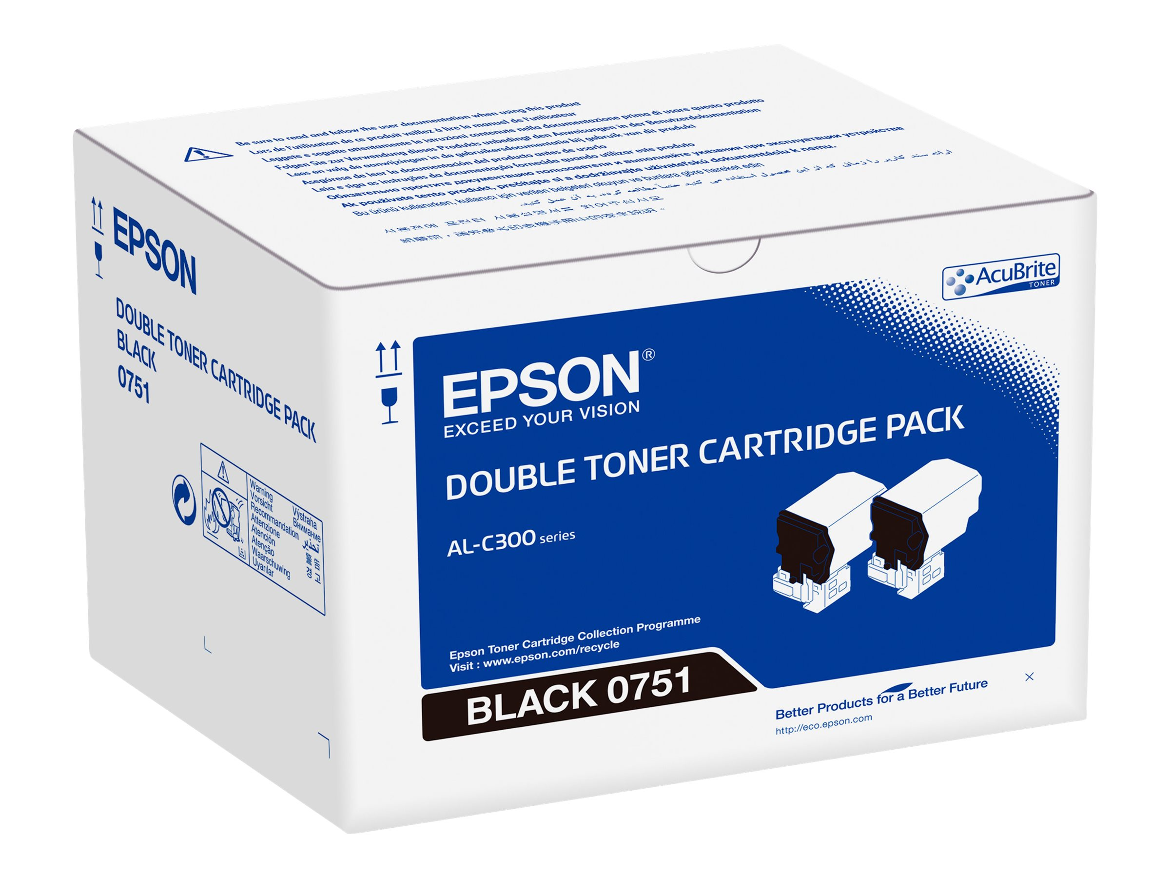 Confezione di cartucce toner doppie Epson bianche e blu. Cartucce toner nere visibili nella scatola.