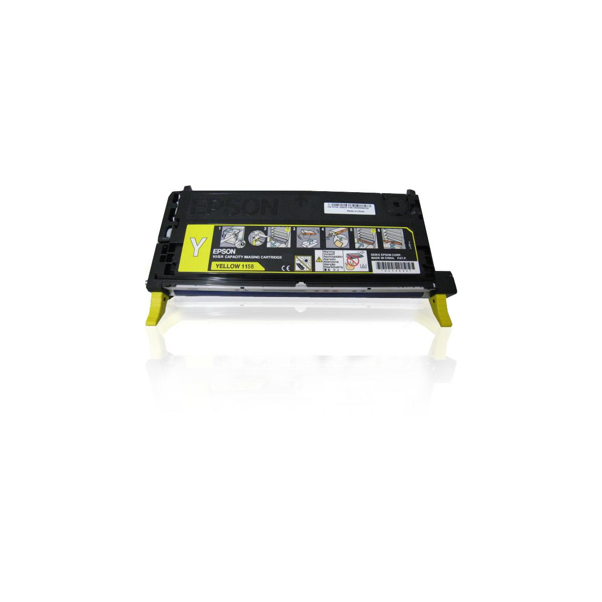 Cartuccia toner Epson gialla su bianco. Vista angolata. Giallo e nero. Etichetta Epson.