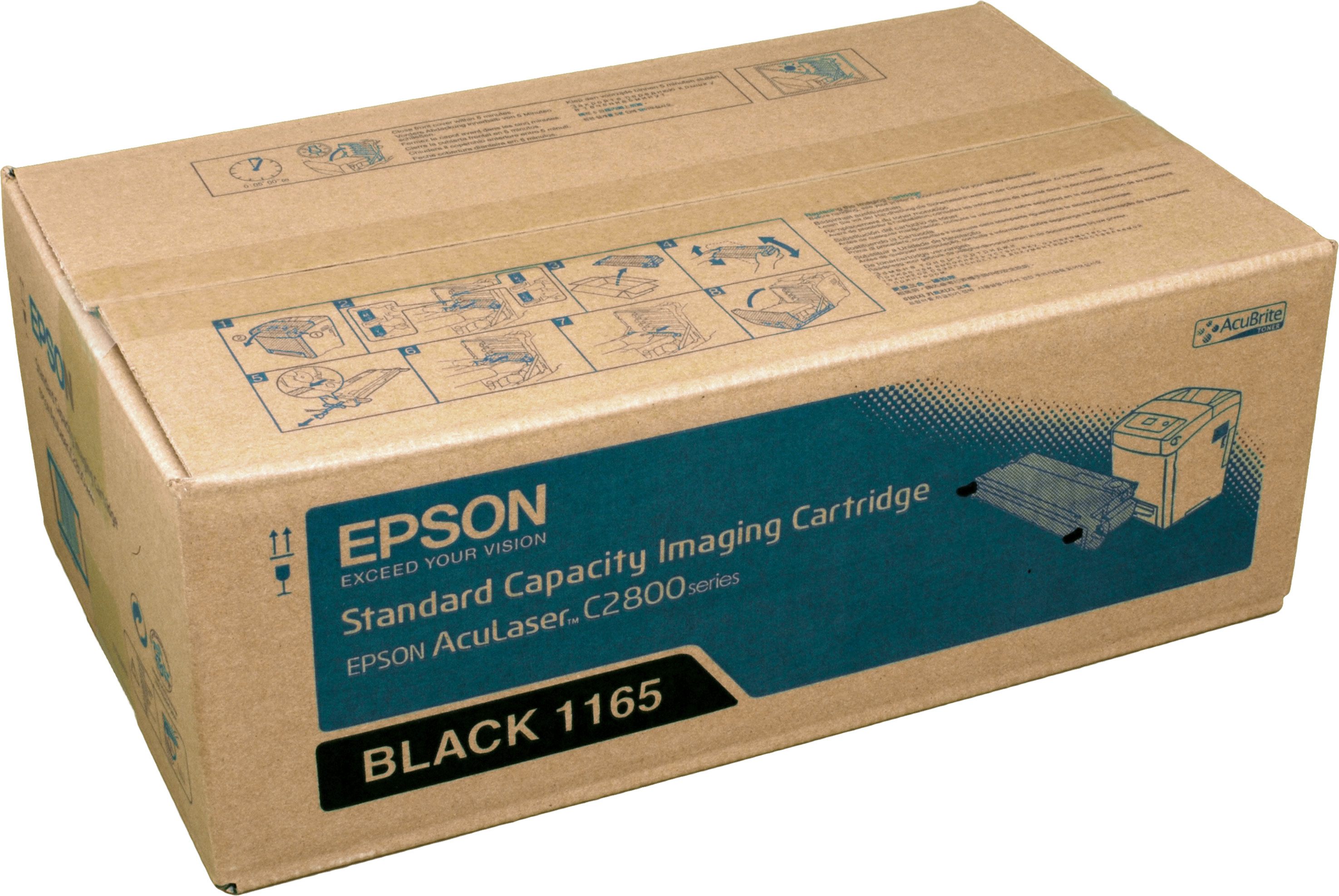 Scatola toner nero Epson su bianco. Scatola marrone con testo blu e nero. Vista angolata.