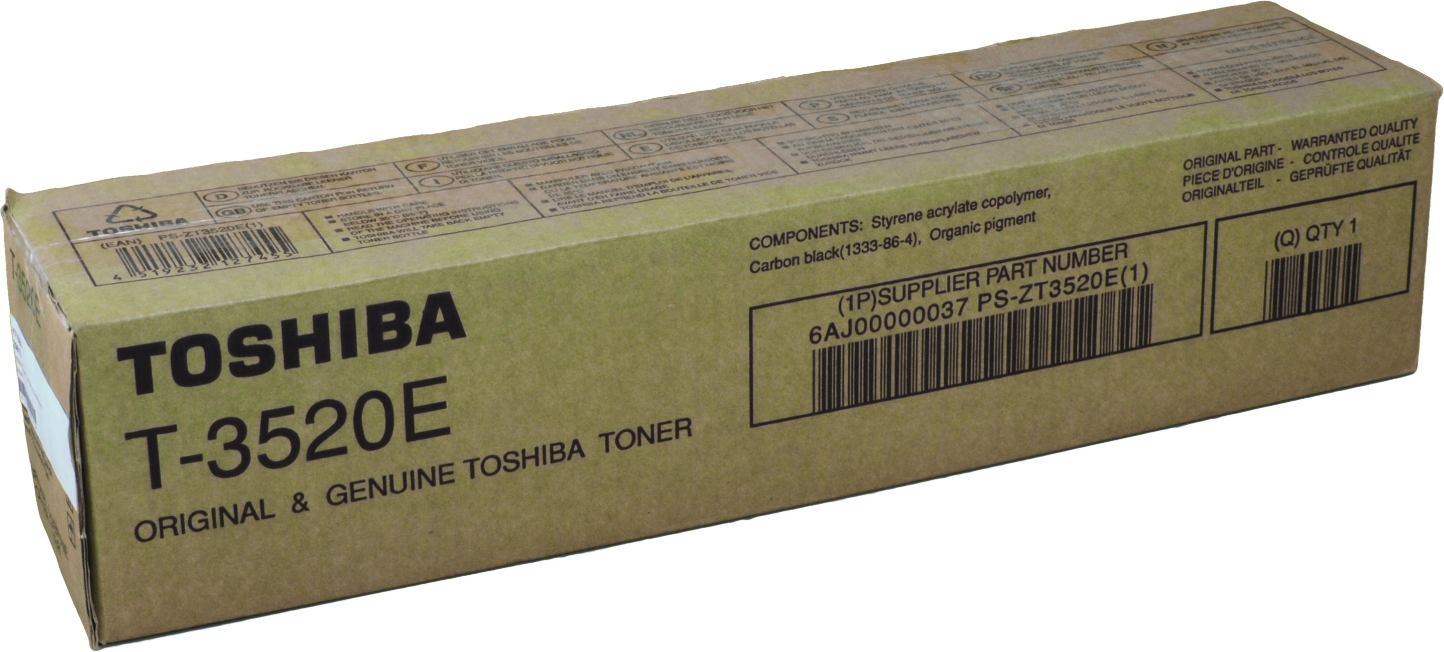 Scatola cartuccia toner Toshiba T-3520E, marrone con testo e codice a barre. Sfondo bianco.