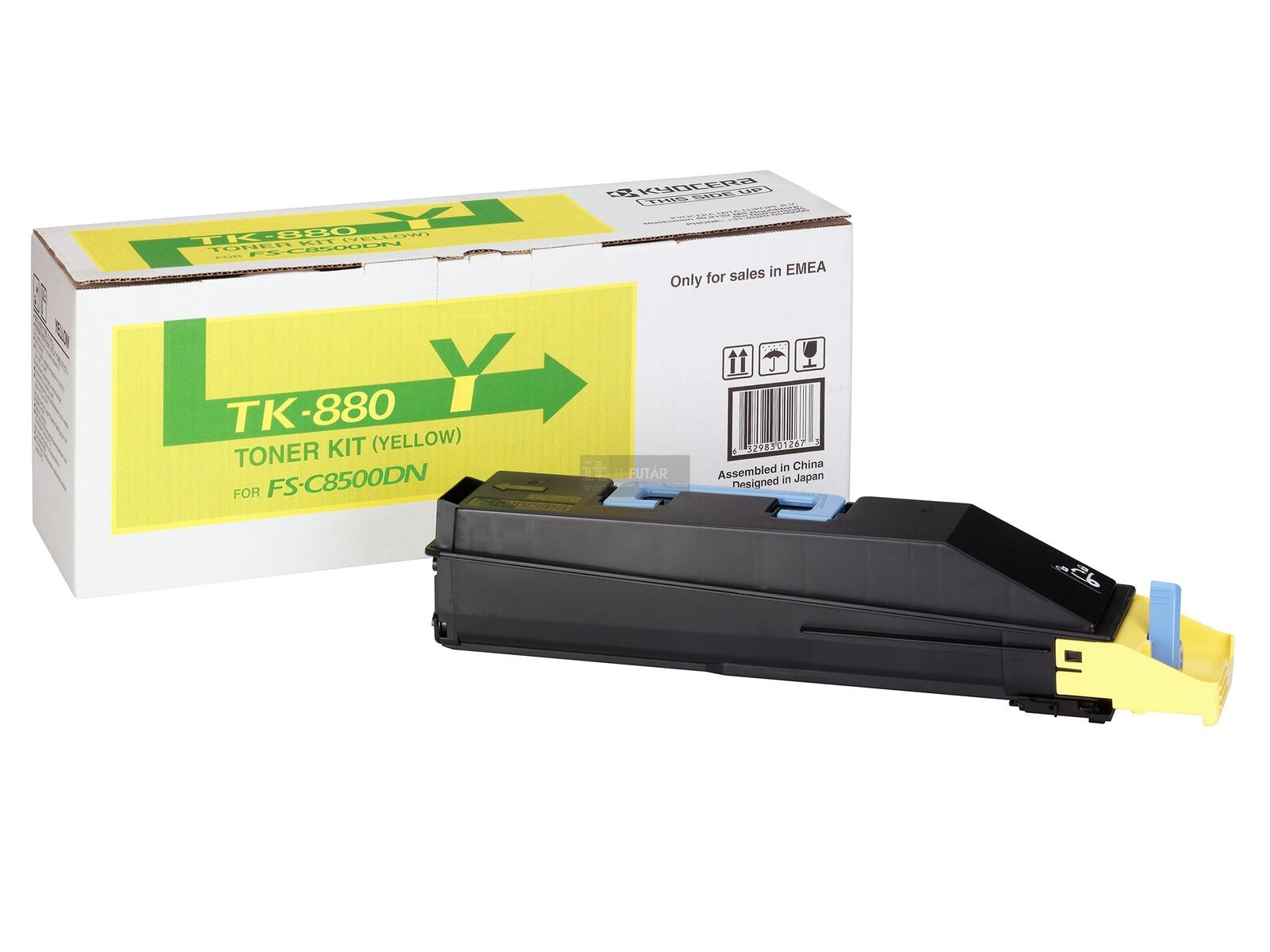 Una scatola per kit di toner con una cartuccia toner nera. La scatola è gialla con testo verde.