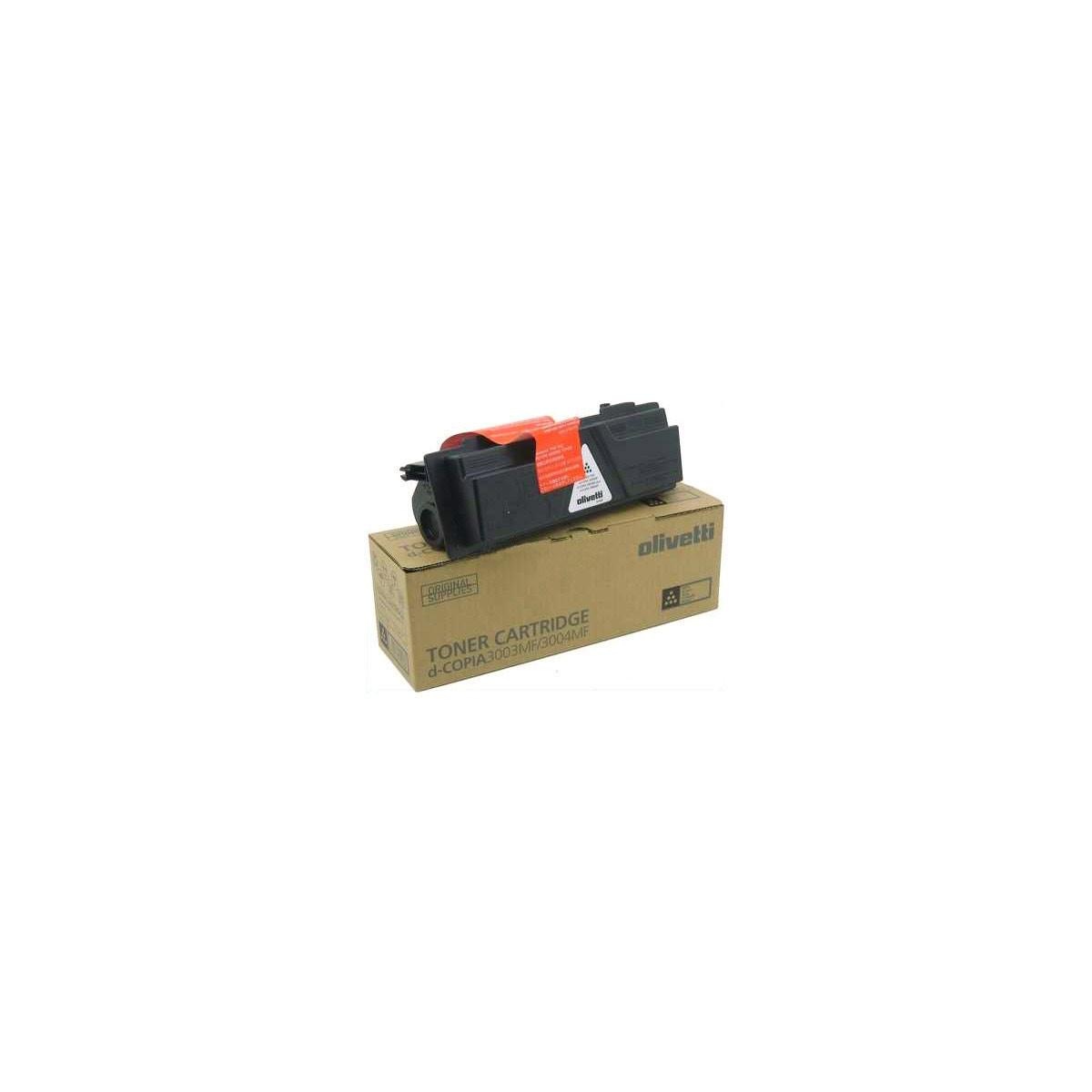 Una scatola e una cartuccia di toner Olivetti su sfondo bianco.