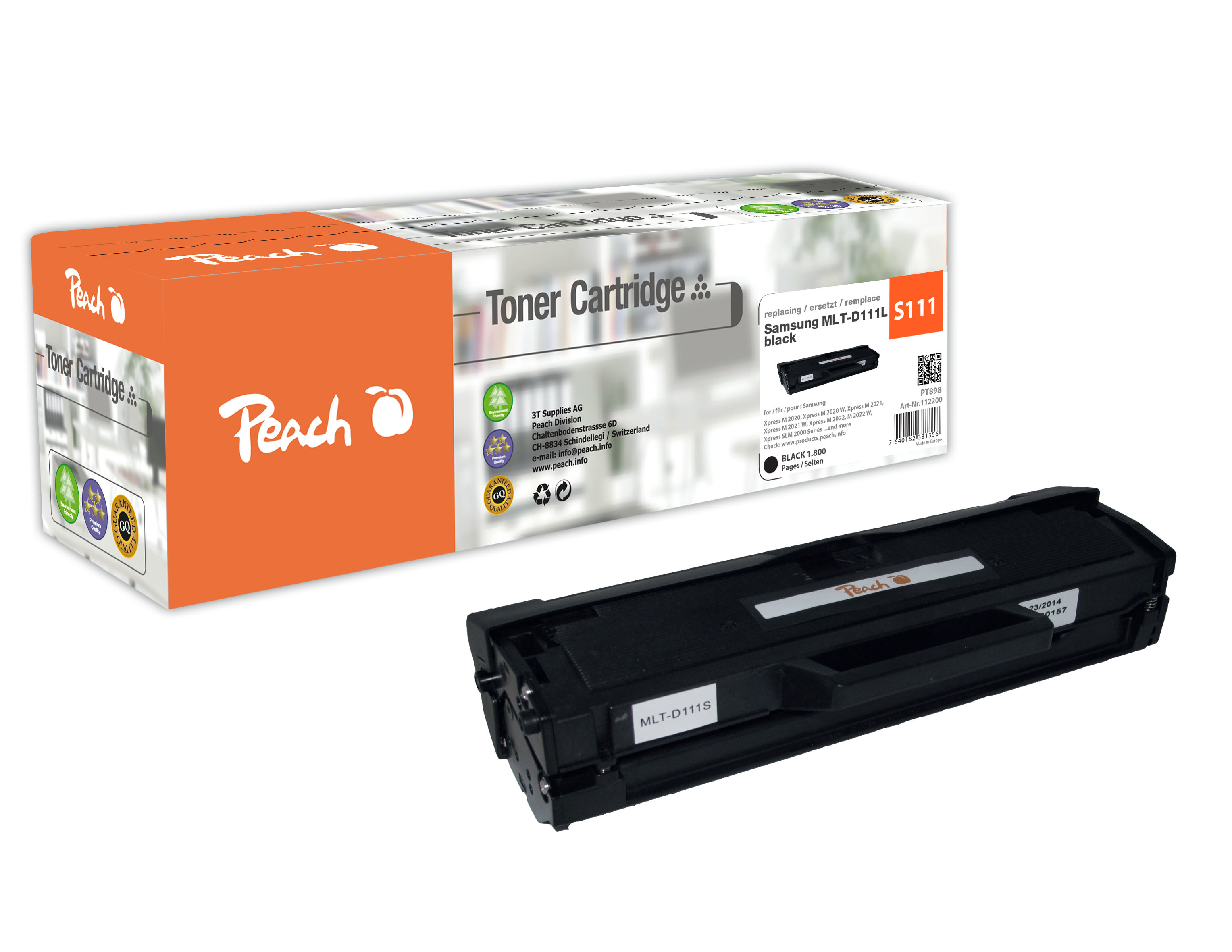 Vengono visualizzate una scatola di cartucce toner Peach e una cartuccia toner nera. La scatola è arancione e bianca.