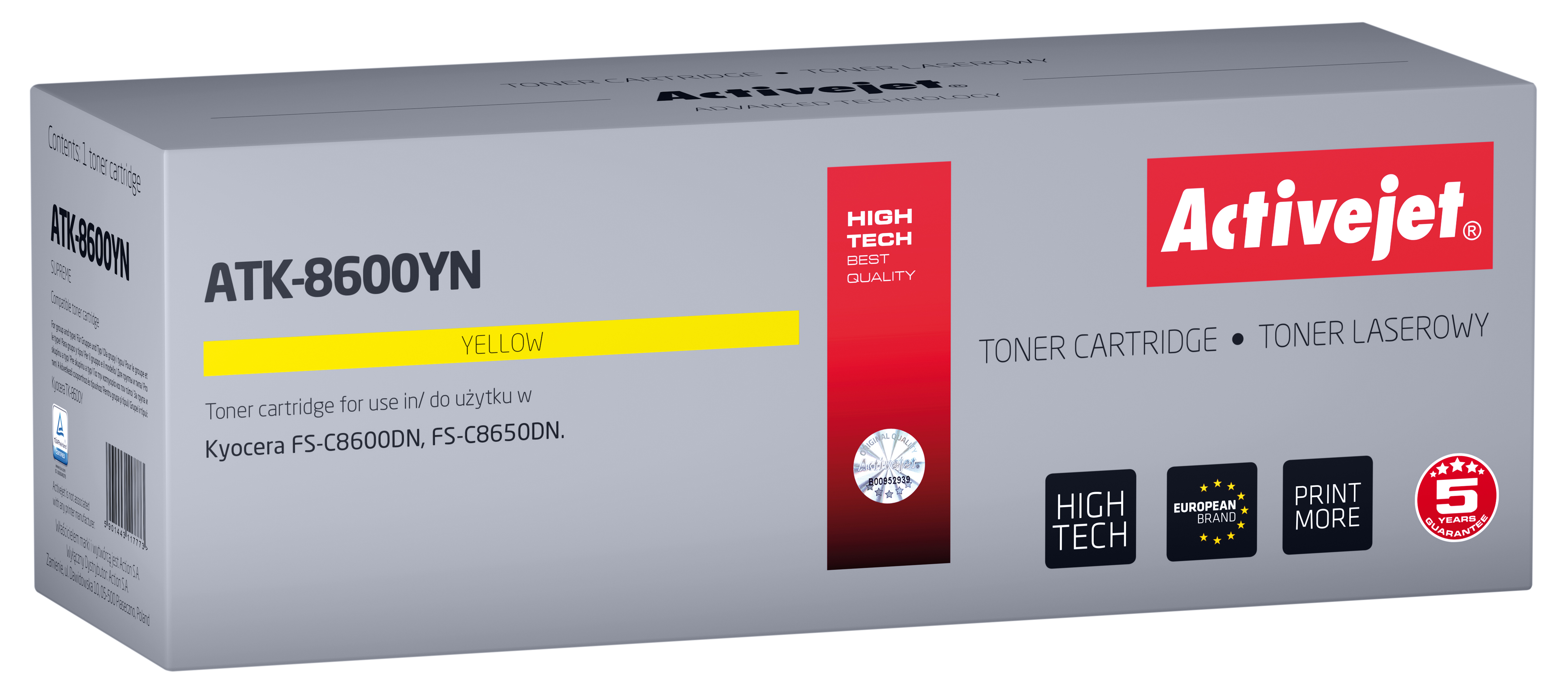 Scatola di cartucce toner gialla con logo e testo Activejet, dettagli del prodotto e sigillo regalo.