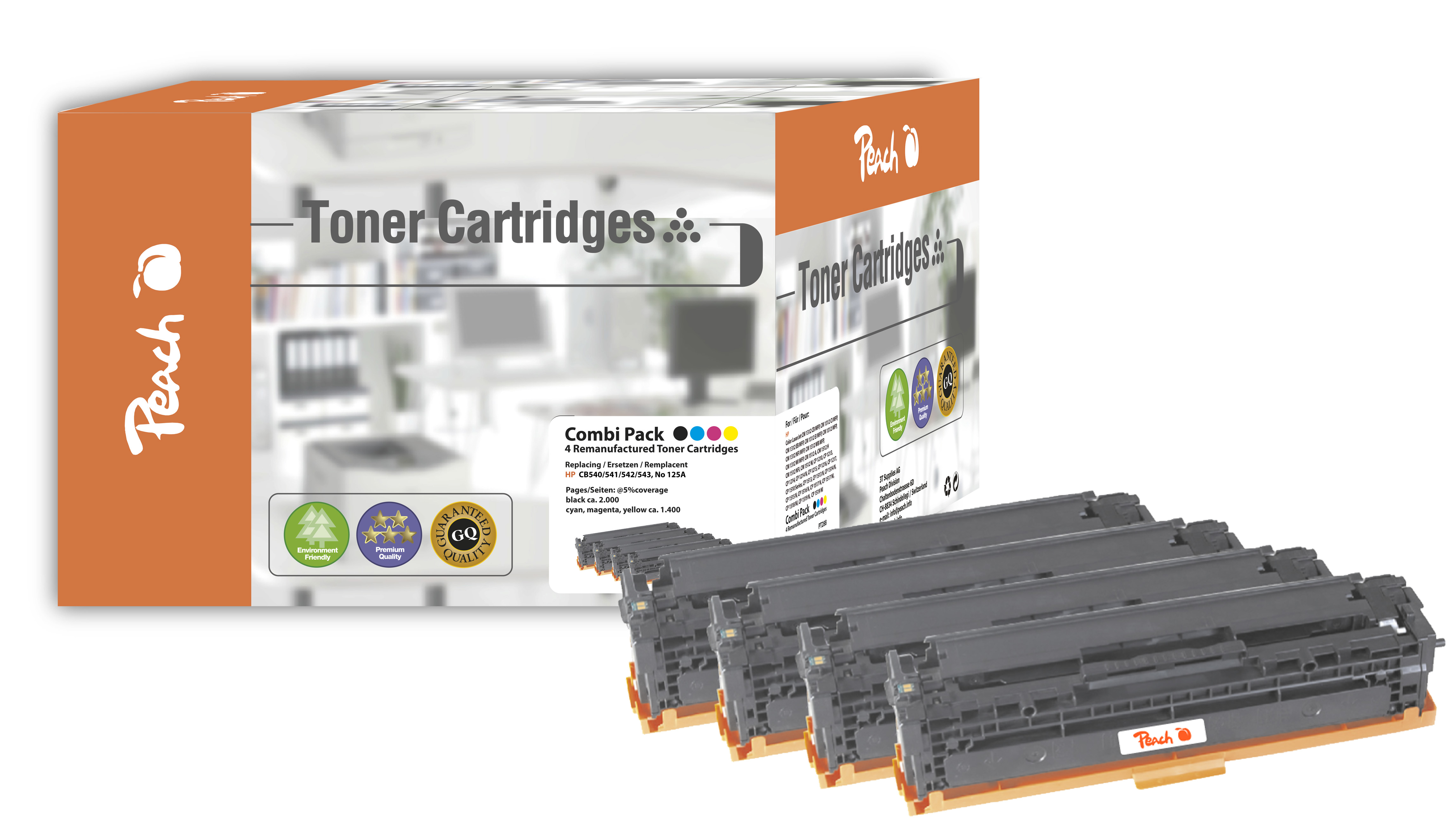 Paquete combinado de cartuchos de tóner y una caja. La caja es naranja y blanca, con el logotipo de Peach.