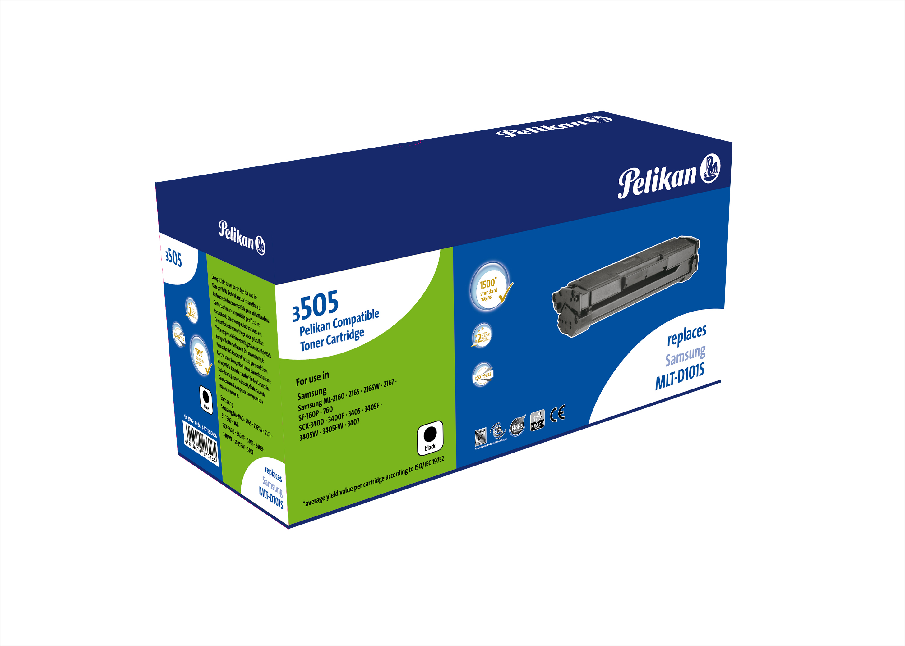Scatola toner compatibile Pelikan, blu e nera con immagine della cartuccia.