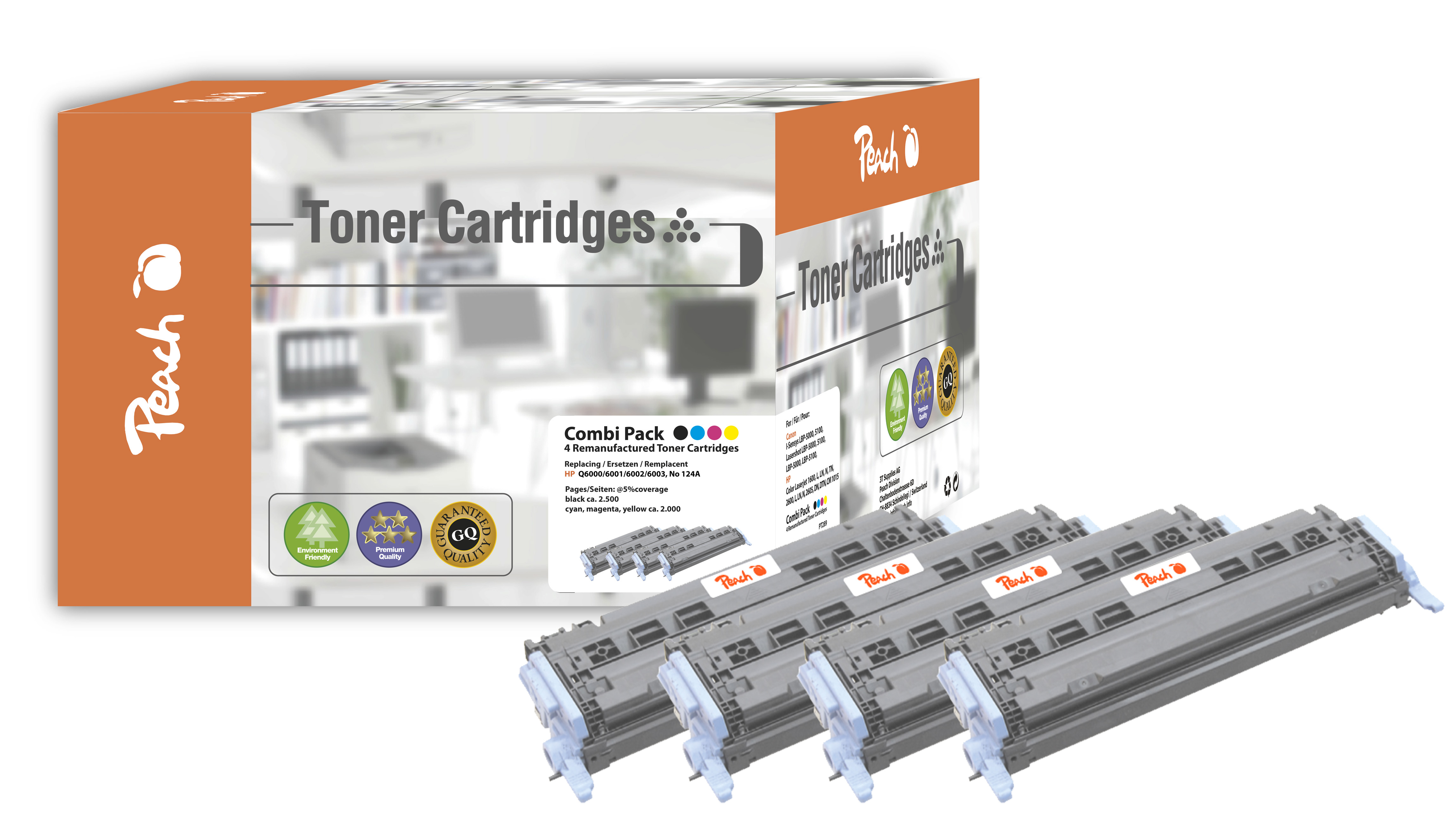 Cartouches de toner dans une boîte. La boîte est orange avec la marque "Peach". Le fond est un bureau flou.