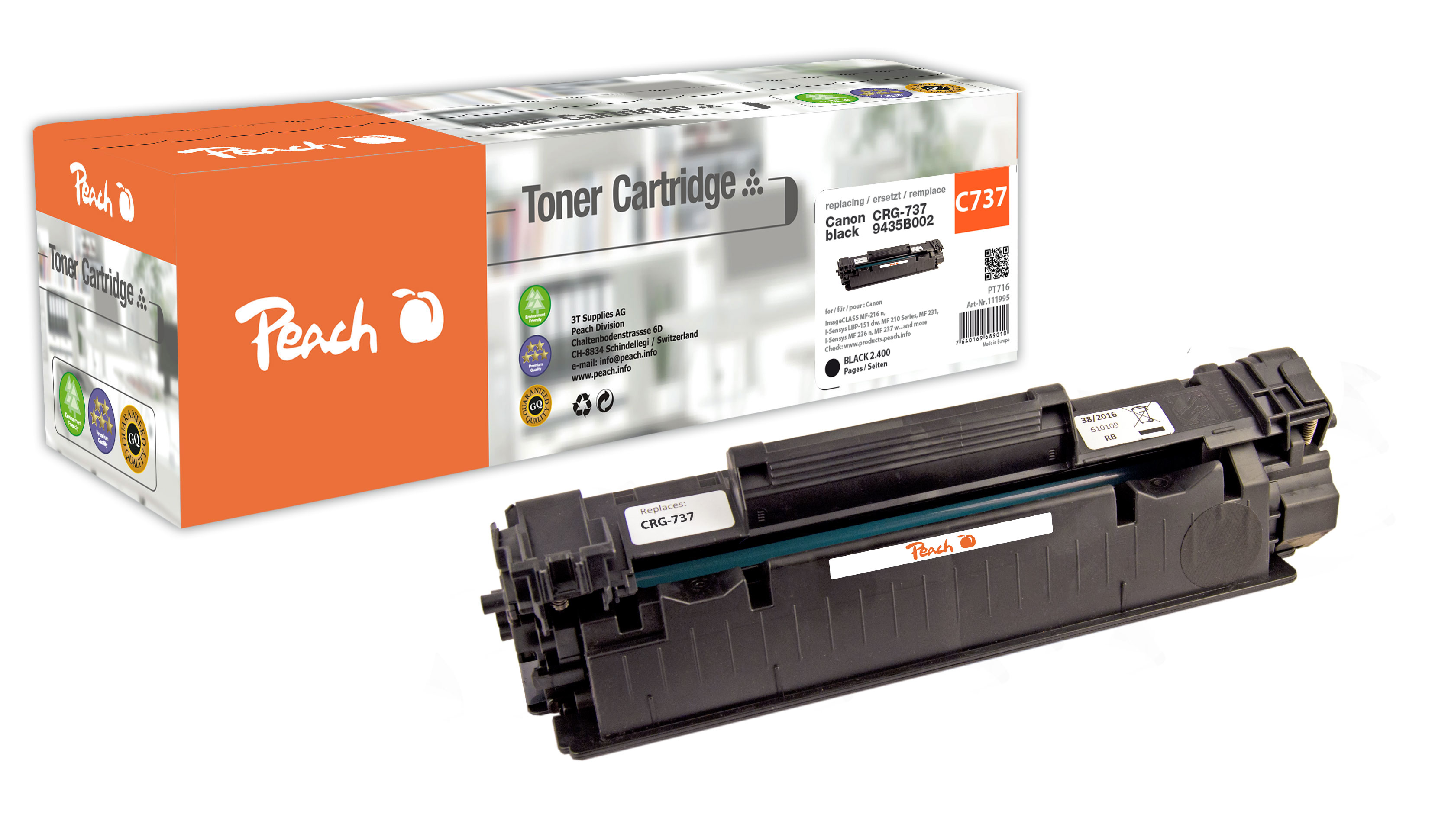 Cartuccia toner nera con scatola arancione, marchio "Peach". Sfondo bianco.