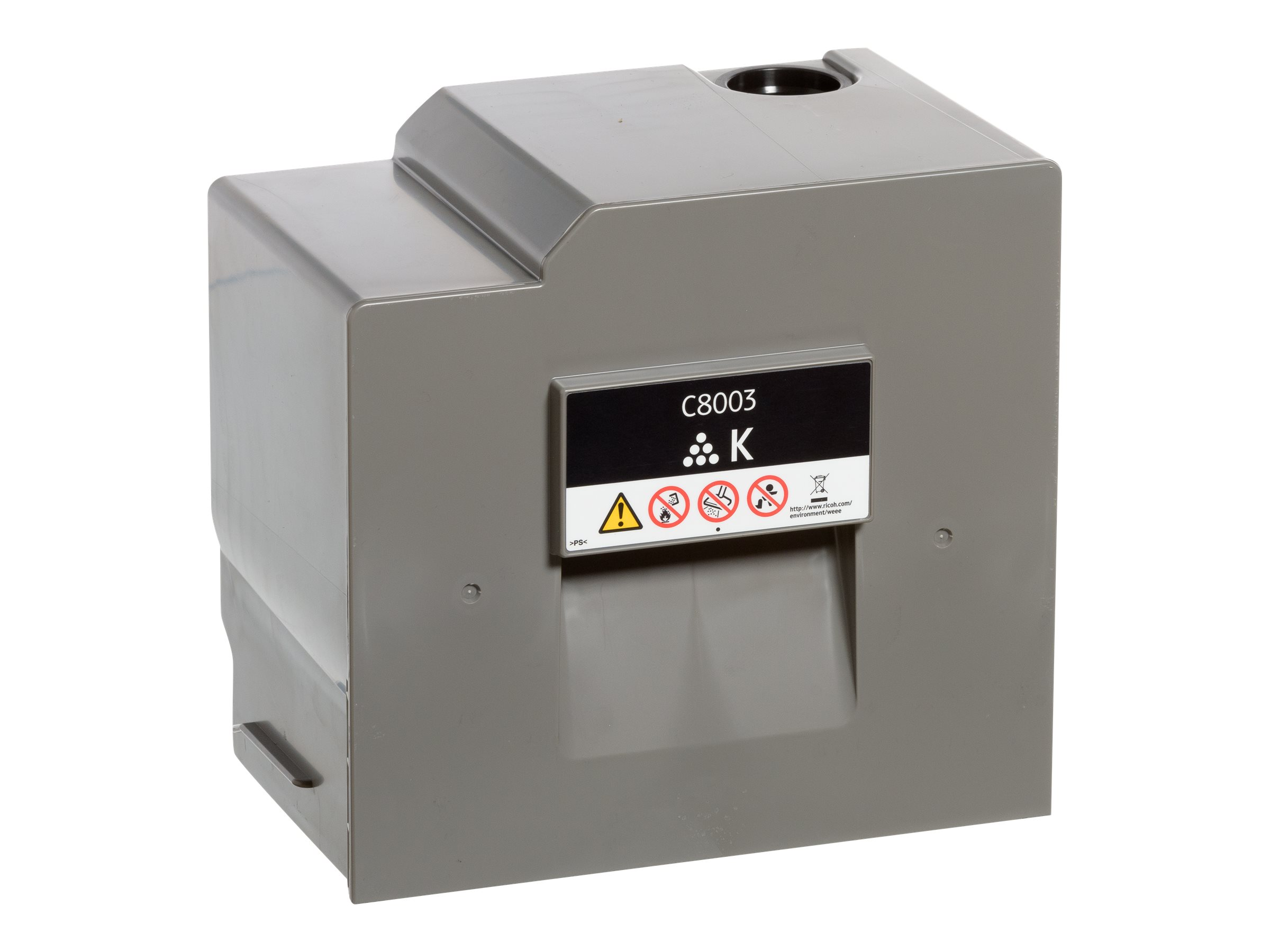 Cartuccia toner grigia con coperchio nero. Etichetta nera con testo bianco. Isolato.