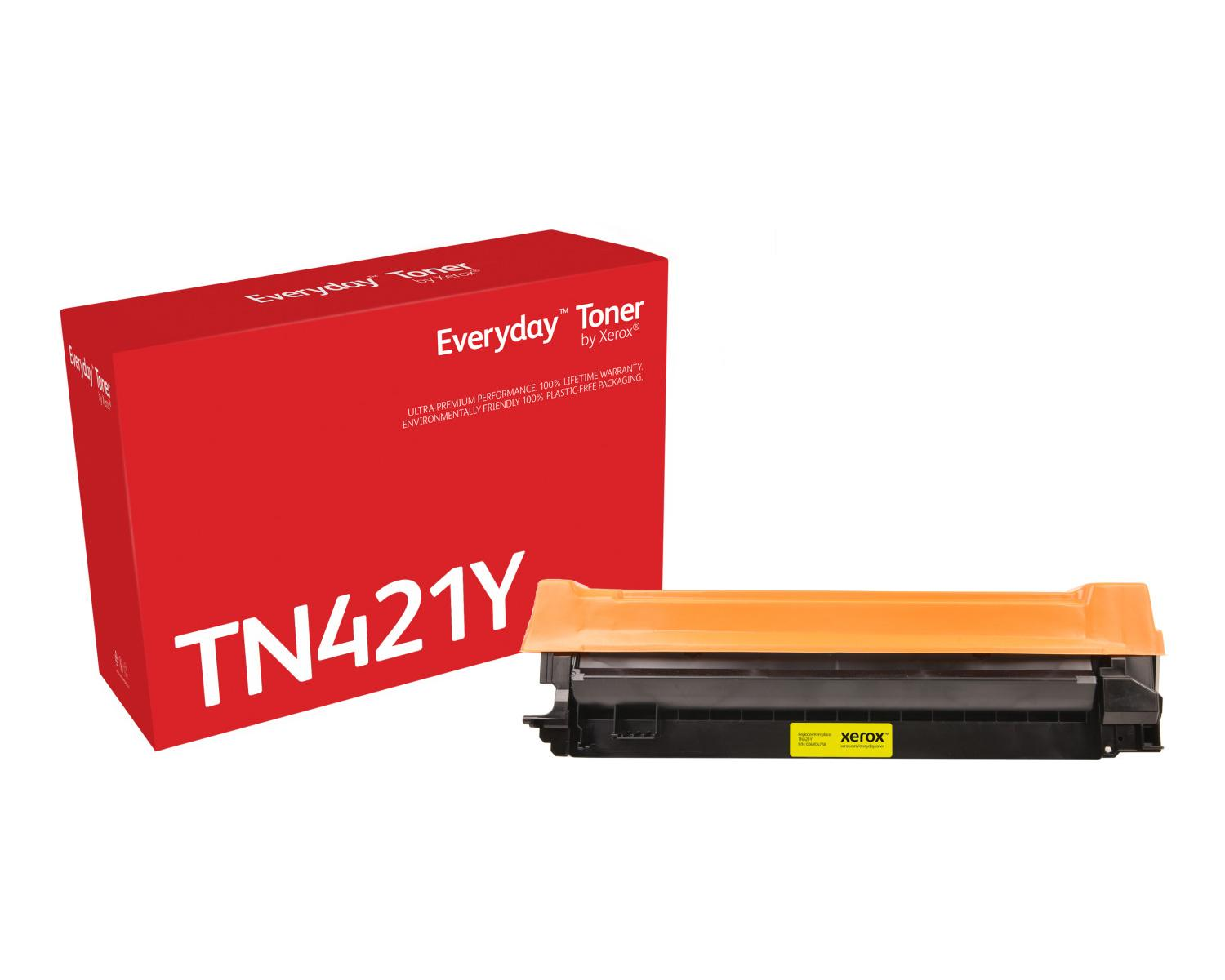 Een rode doos met 'Everyday Toner' en een gele tonercartridge ernaast. De doos heeft een 'TN421Y' label.