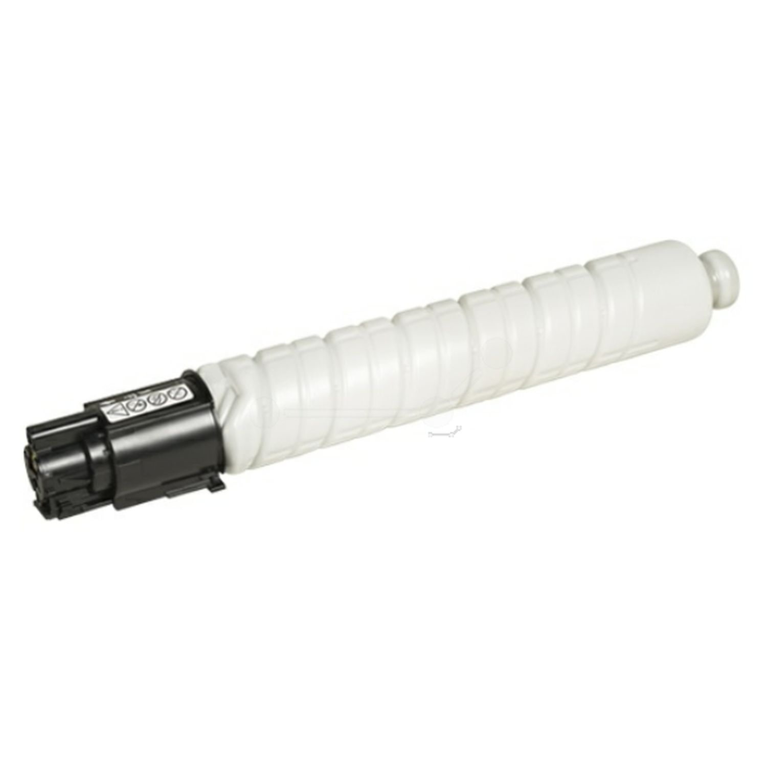 Een witte tonercartridge met een zwart uiteinde. Het is cilindrisch en heeft een zwarte connector.