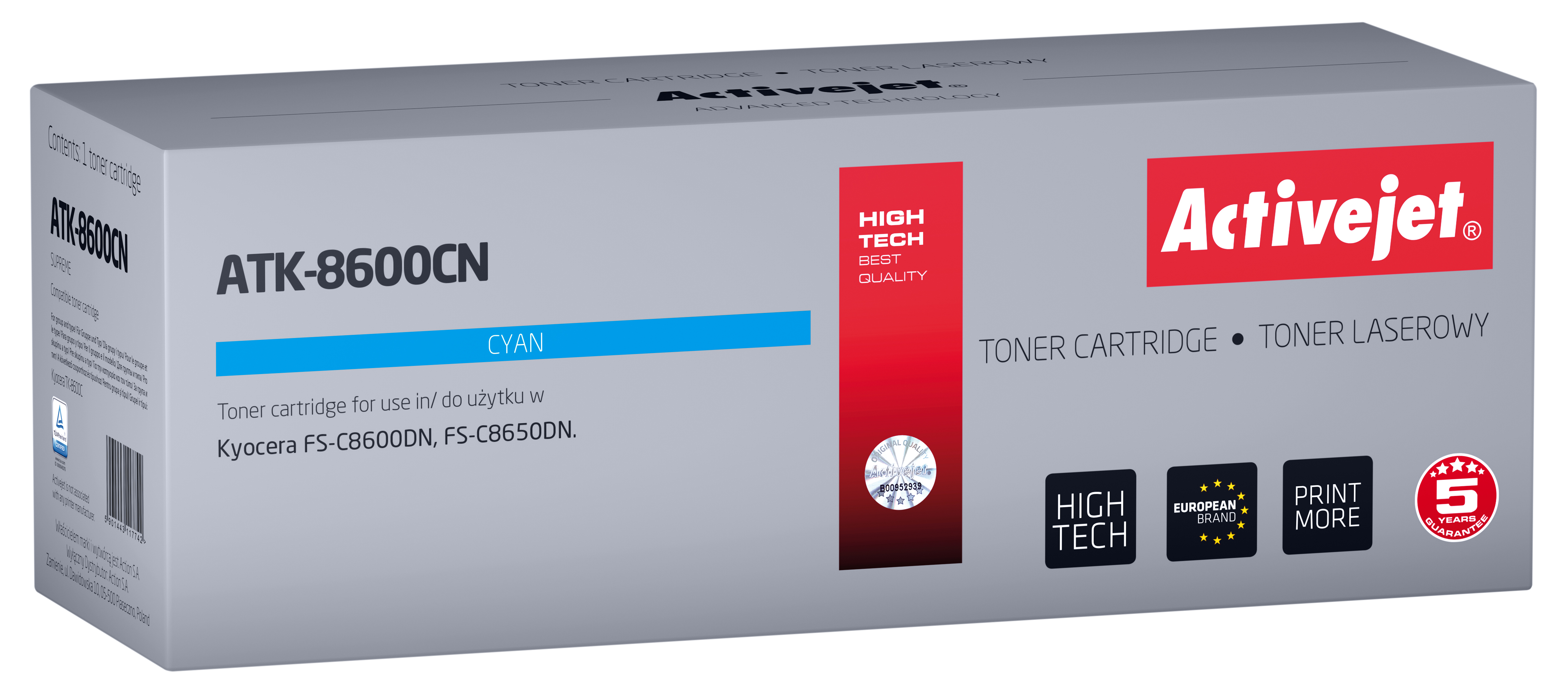 Scatola grigia con logo Activejet. Testo: ATK-8600CN CYAN. Cartuccia toner per stampanti Kyocera.