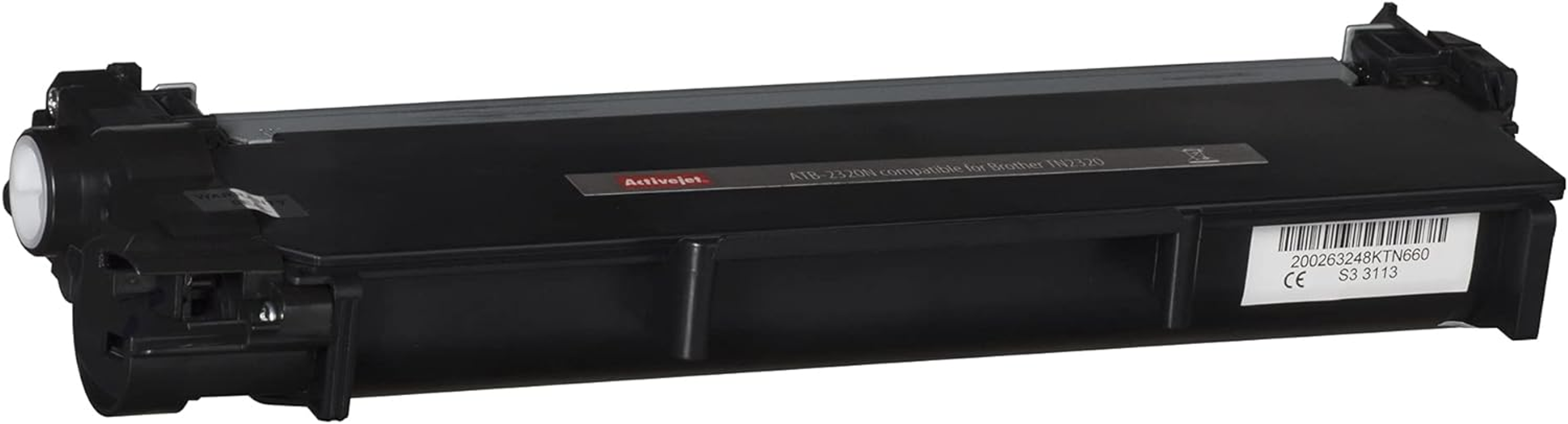 Czarny wkład z tonerem z logo Activejet. Białe tło.