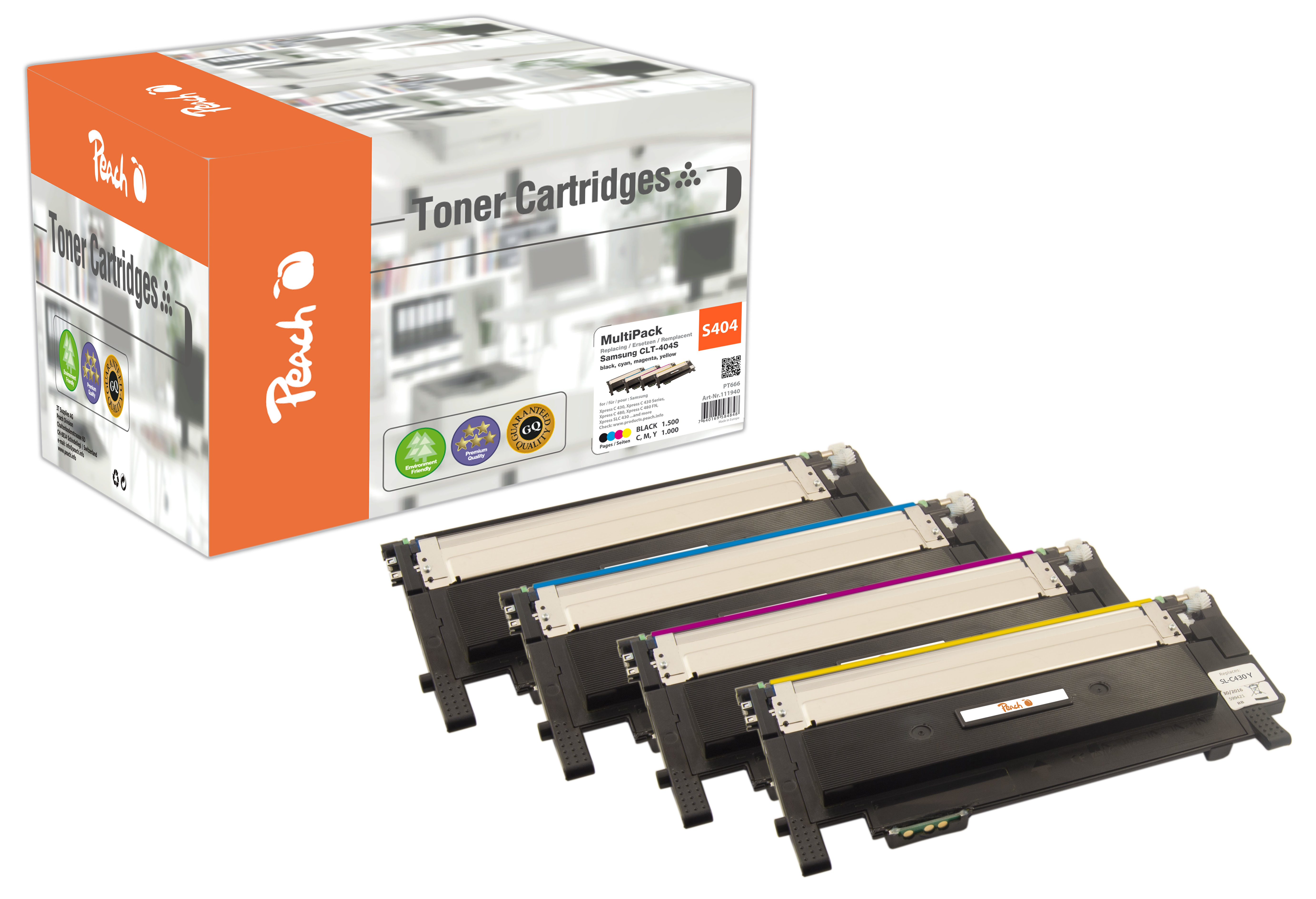 Cartucce toner Peach e una scatola su sfondo bianco.