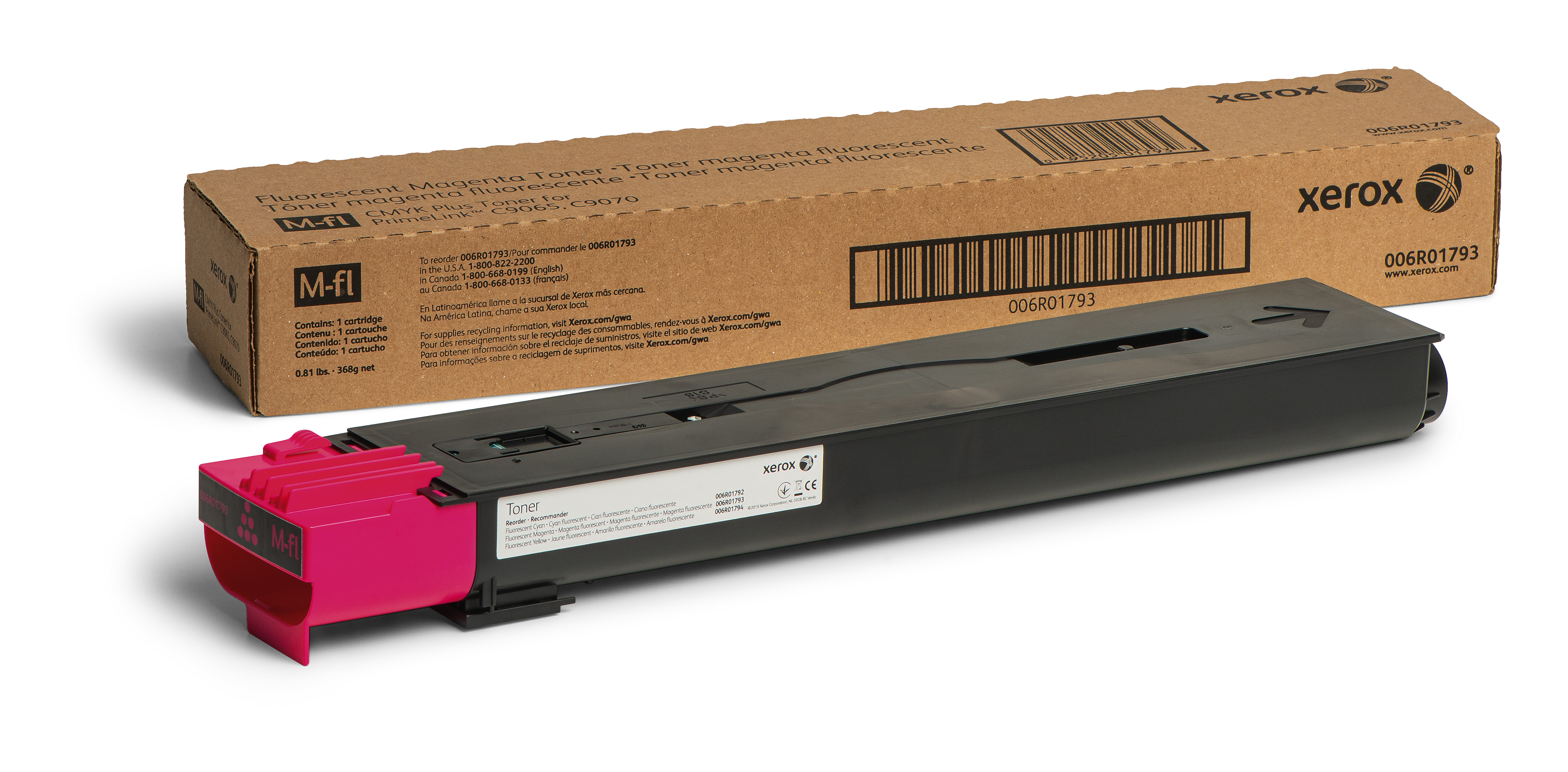 Scatola marrone Xerox con cartuccia toner magenta. La scatola dice 'Toner magenta fluorescente', la cartuccia è rosa.