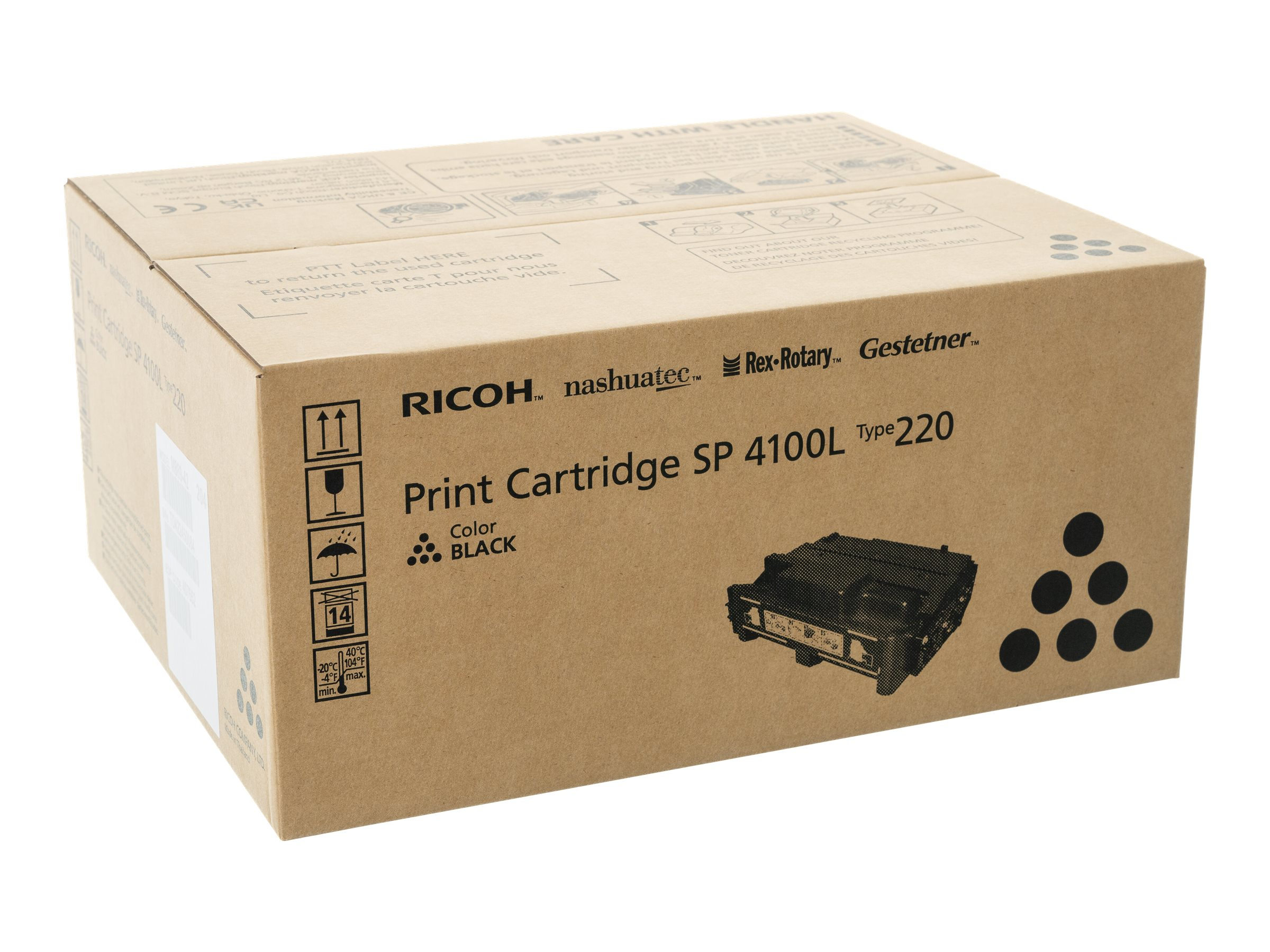 Una scatola di cartone con l'etichetta 'Print Cartridge'. Include una cartuccia nera e simboli di punti neri.