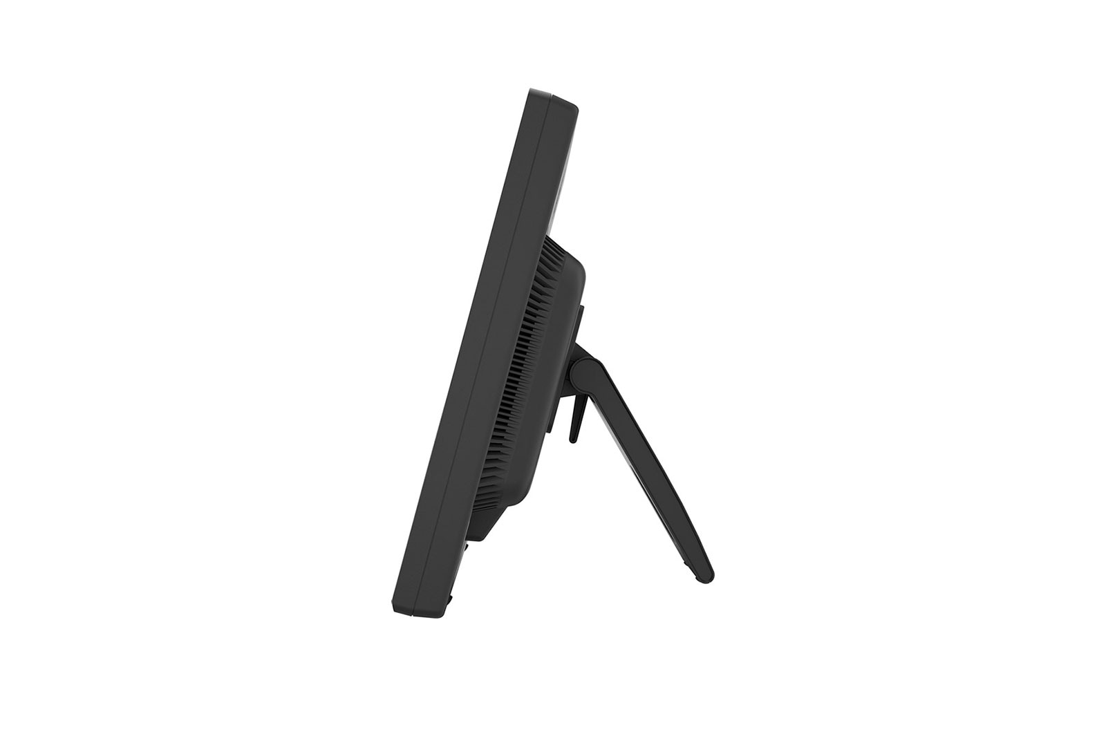 Widok z boku czarnego monitora na stojaku, pokazujący profil boczny ekranu.