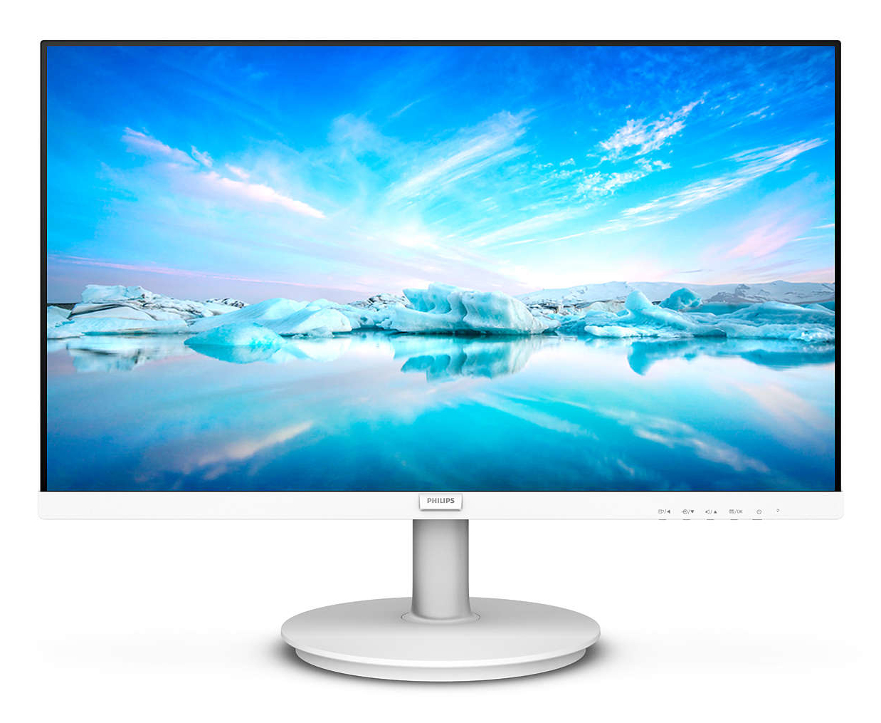 Beyaz Philips monitör, ekranda suda yansıyan mavi buz manzarası gösteriyor.