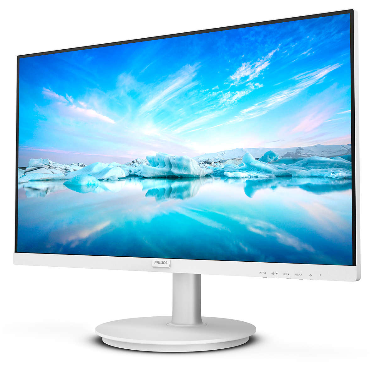 Beyaz Philips monitör, ekranda mavi buz manzarası gösteriyor.