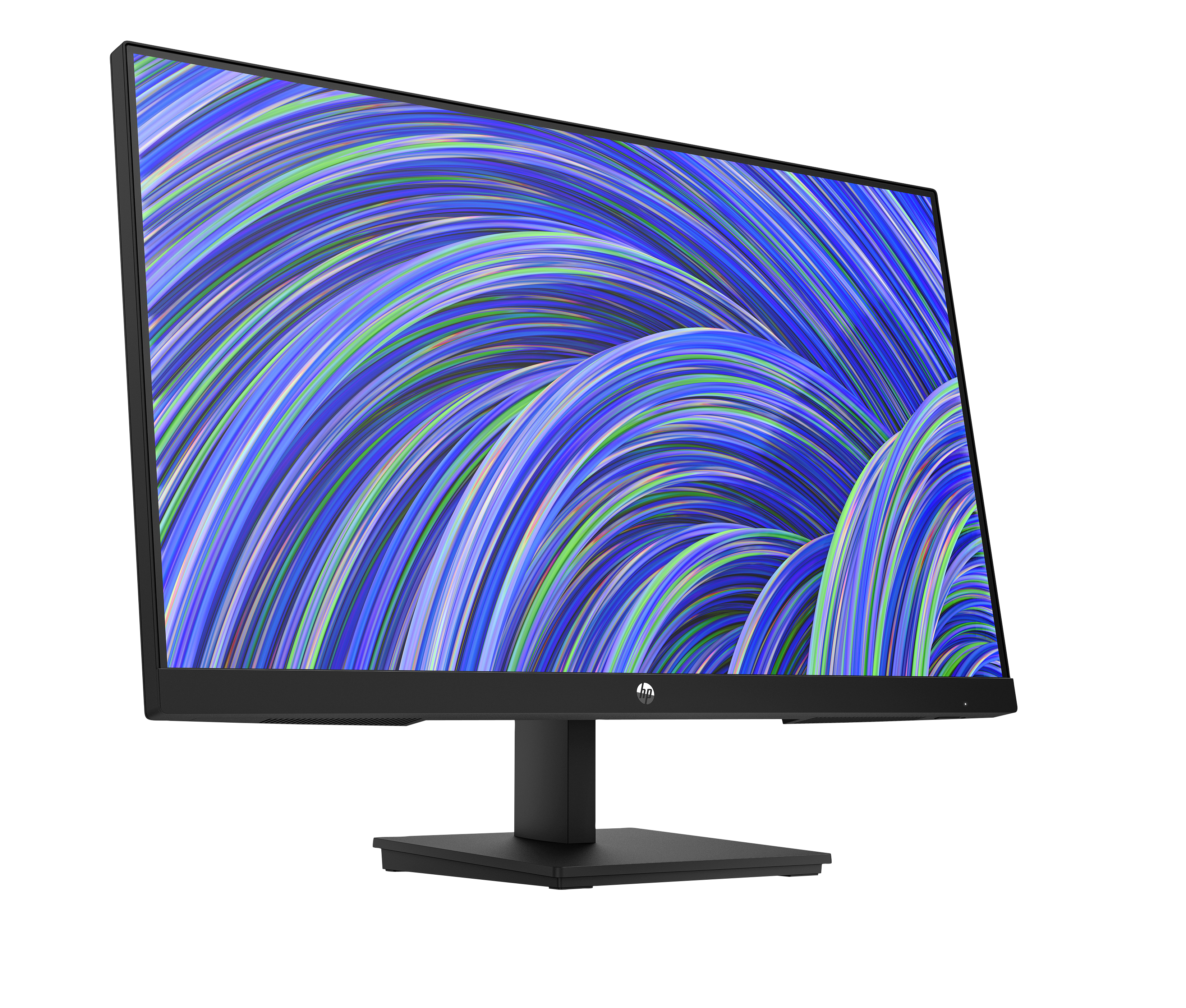 Monitor HP nero con sfondo astratto blu e verde a spirale.