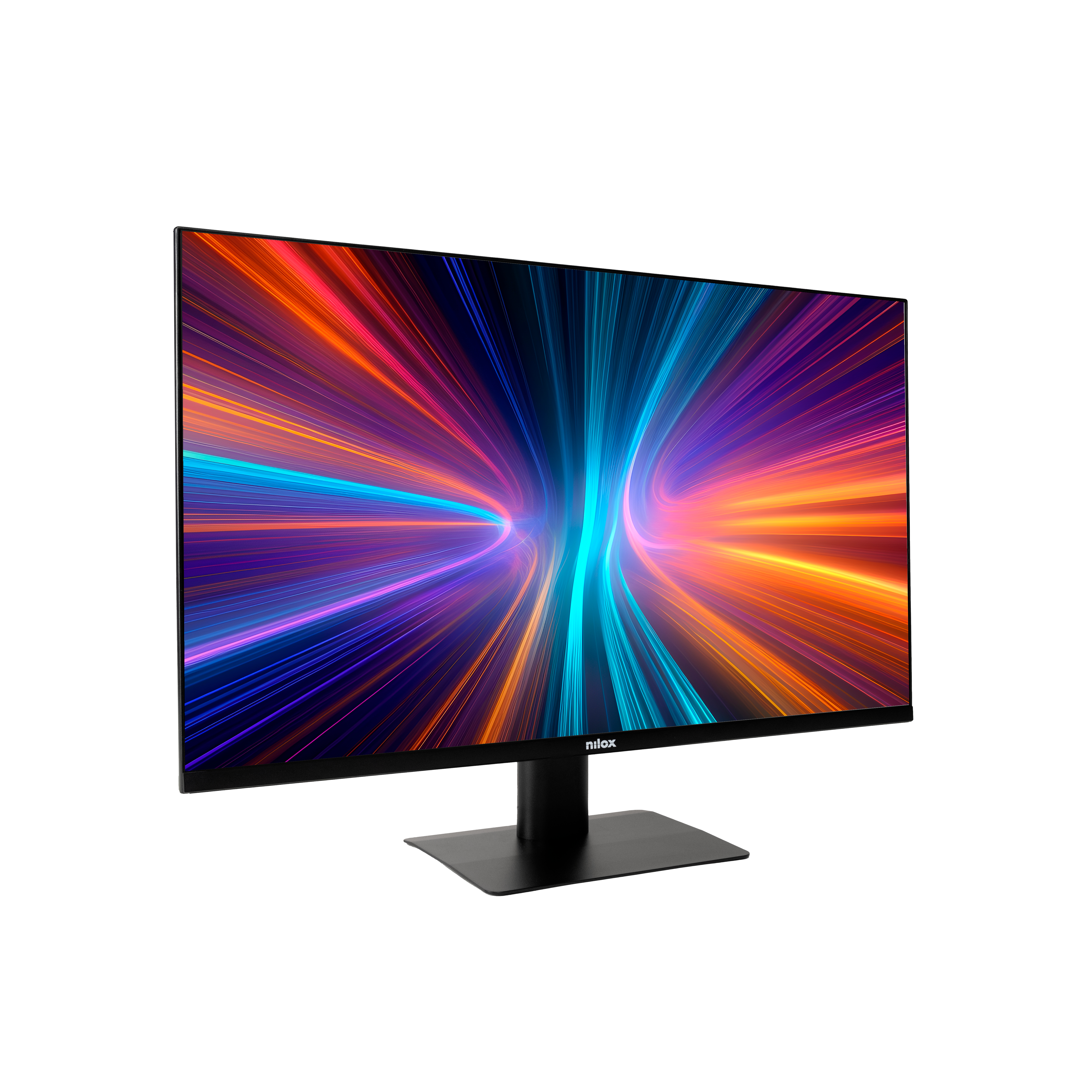 Un monitor nero che mostra un design astratto e colorato. La base è quadrata e lo sfondo è bianco. Lo schermo mostra un design a tunnel di luce.