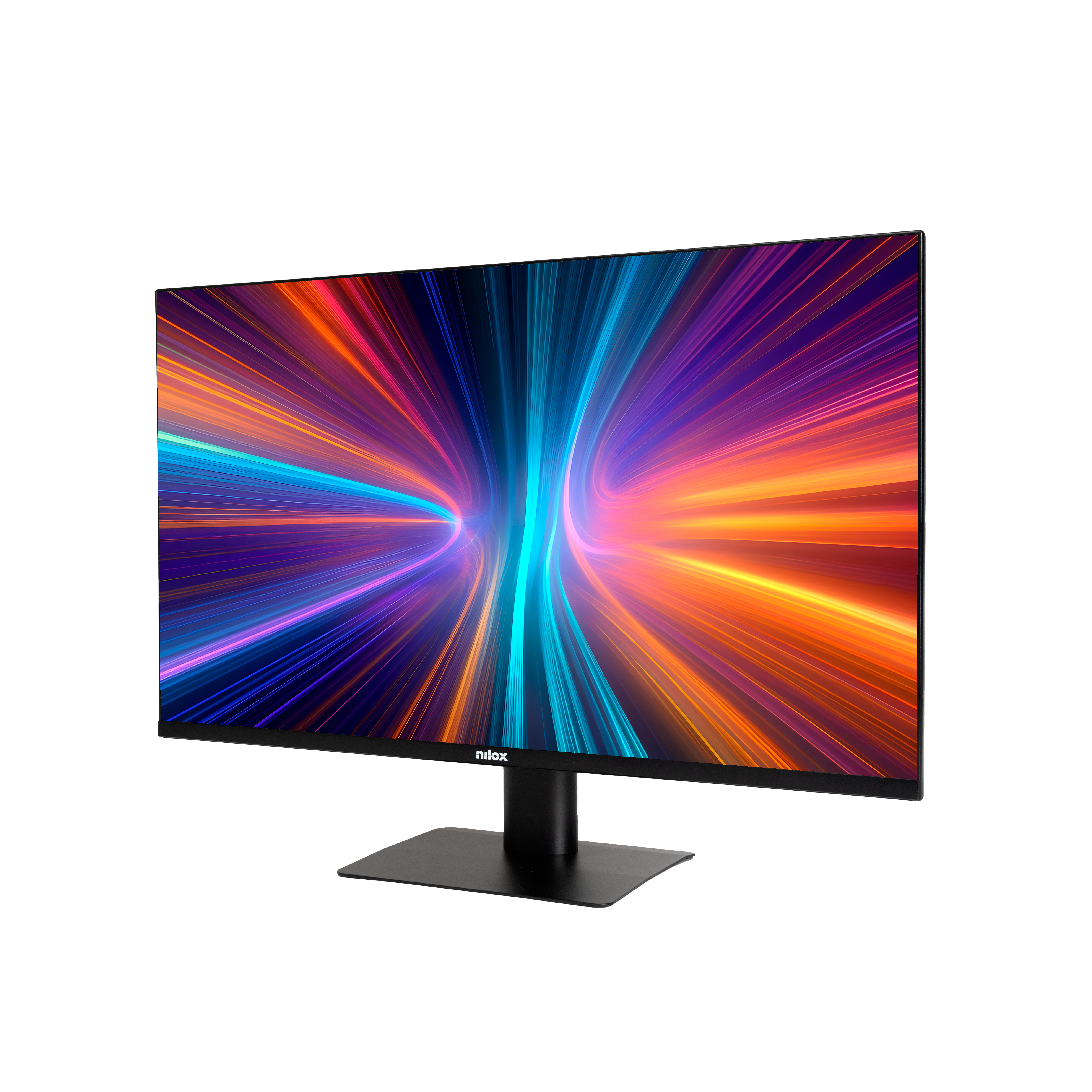 Un monitor nero che mostra un design astratto e colorato. La base è quadrata e lo sfondo è bianco. Lo schermo mostra un design a tunnel di luce.