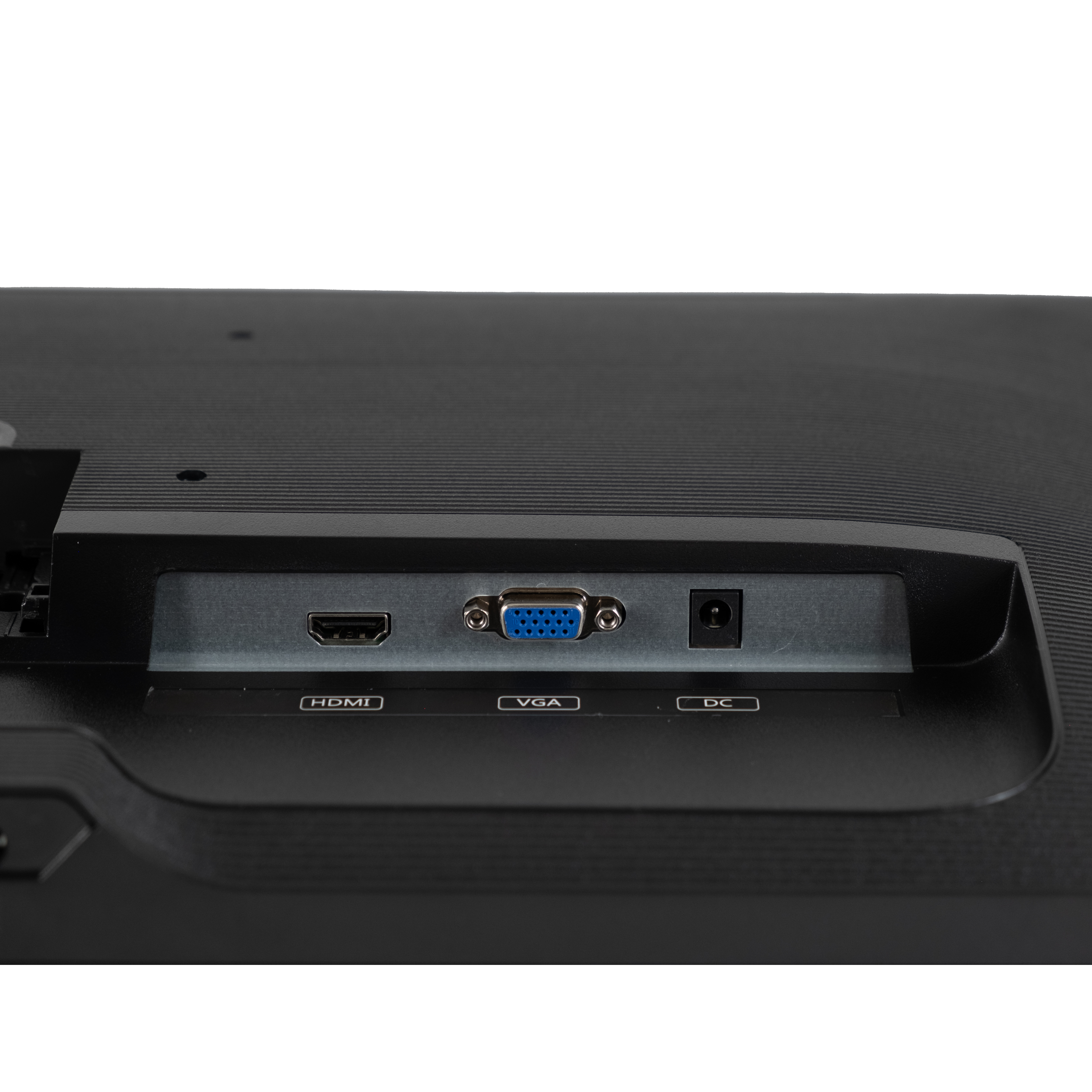 Primo piano delle porte del monitor: HDMI, VGA e alimentazione CC. Il pannello posteriore è nero, con sfondo bianco ed etichette di testo.